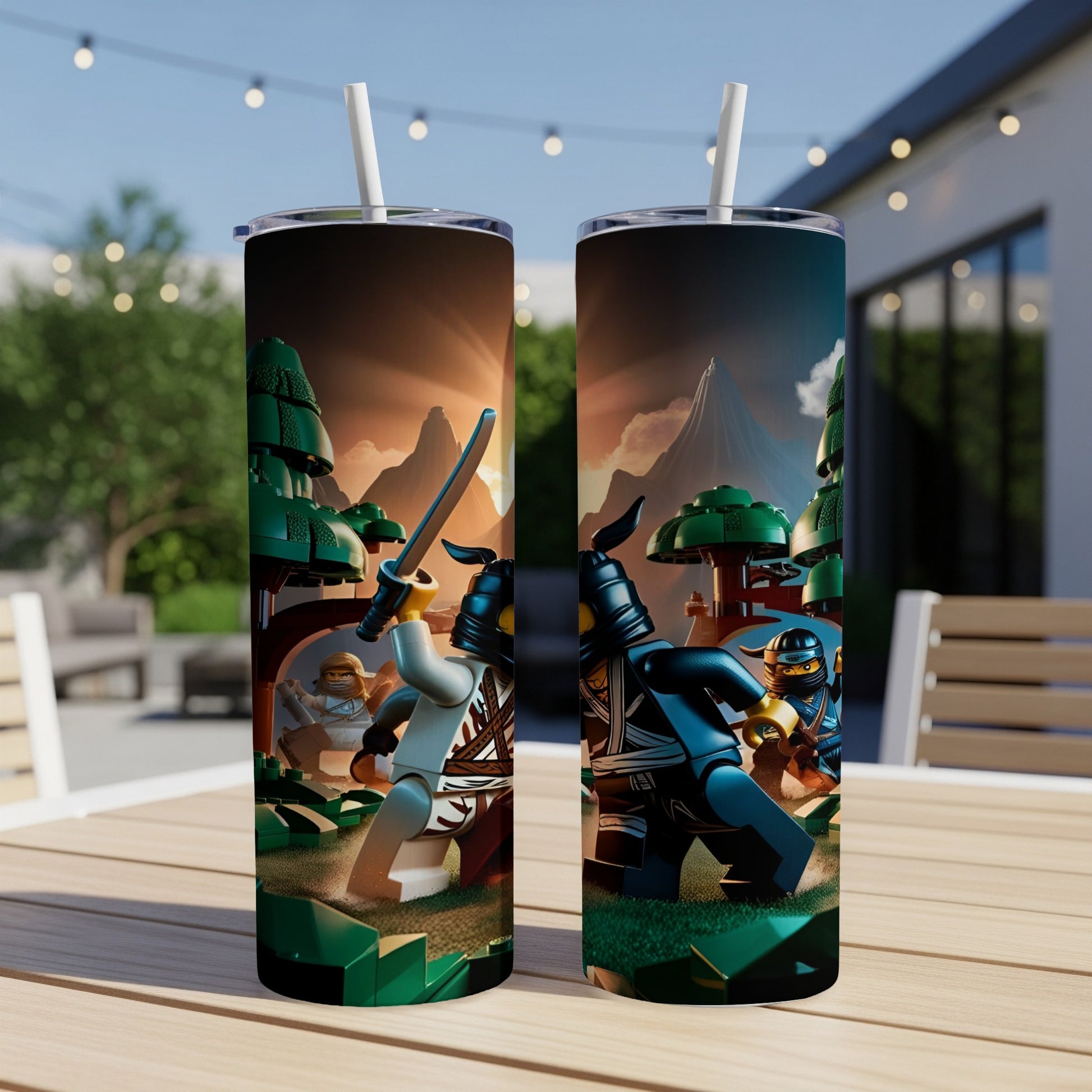 Two Lego Ninjago characters in battle, set against a stylized mountainous landscape.