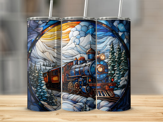 Train in snowy landscape with stained glass effect.