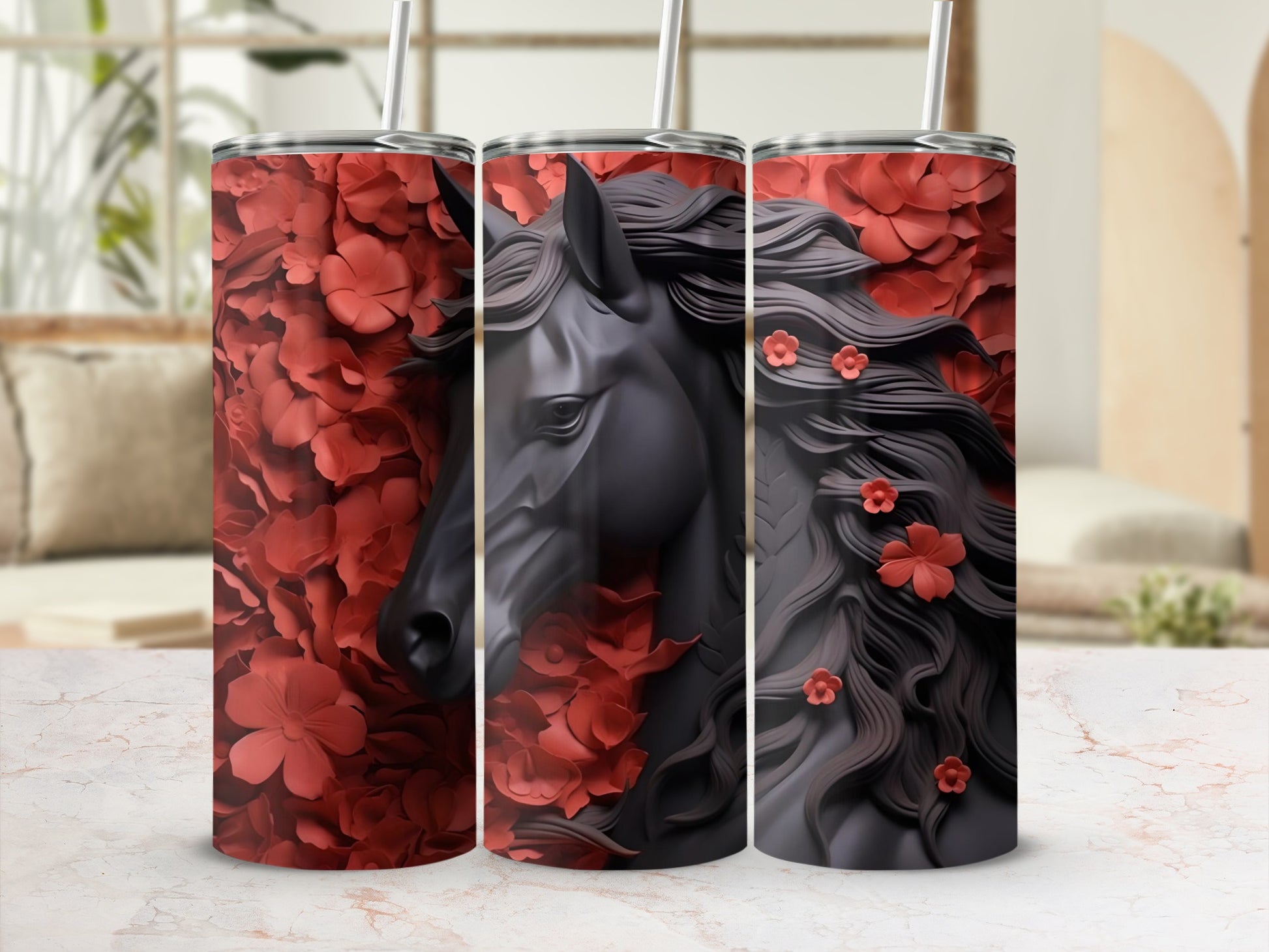 Horse Design with Red Floral Elements Tumbler