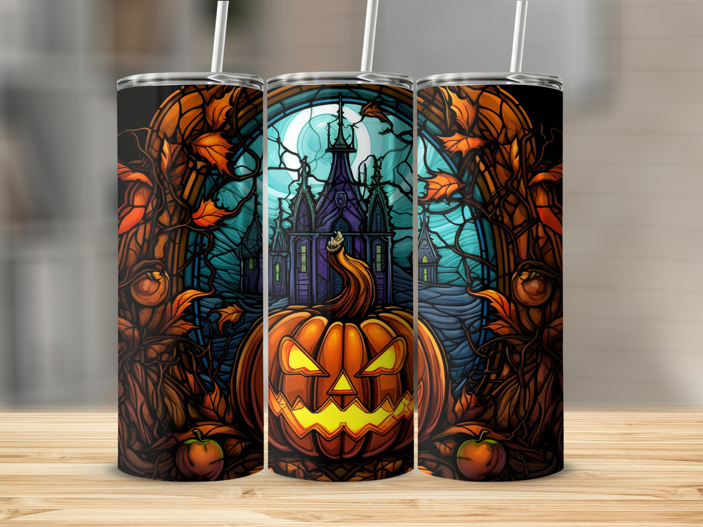 Jack-o'-lantern in front of a spooky castle under a full moon.