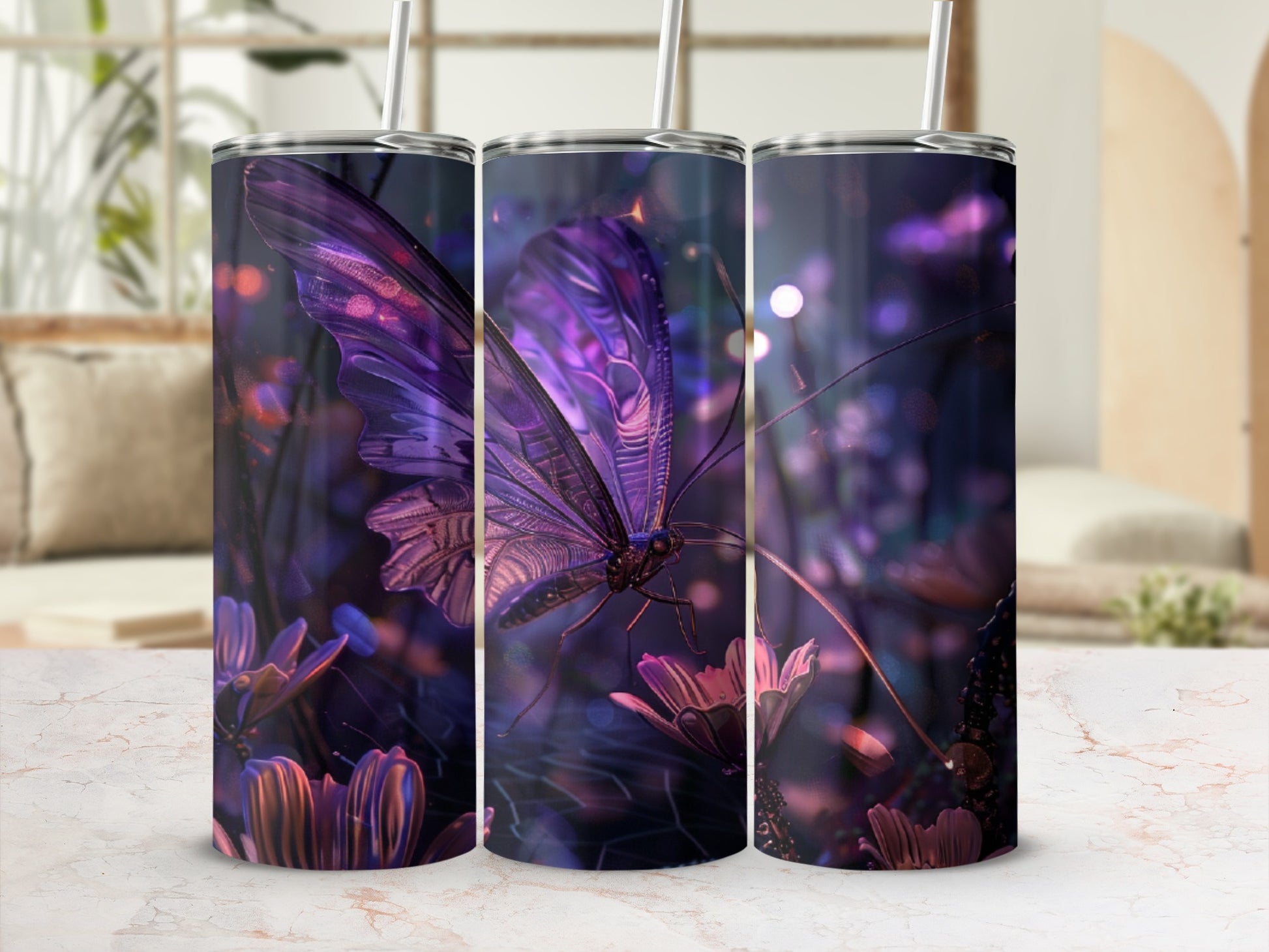 Three tumblers with a close-up purple butterfly and floral design.