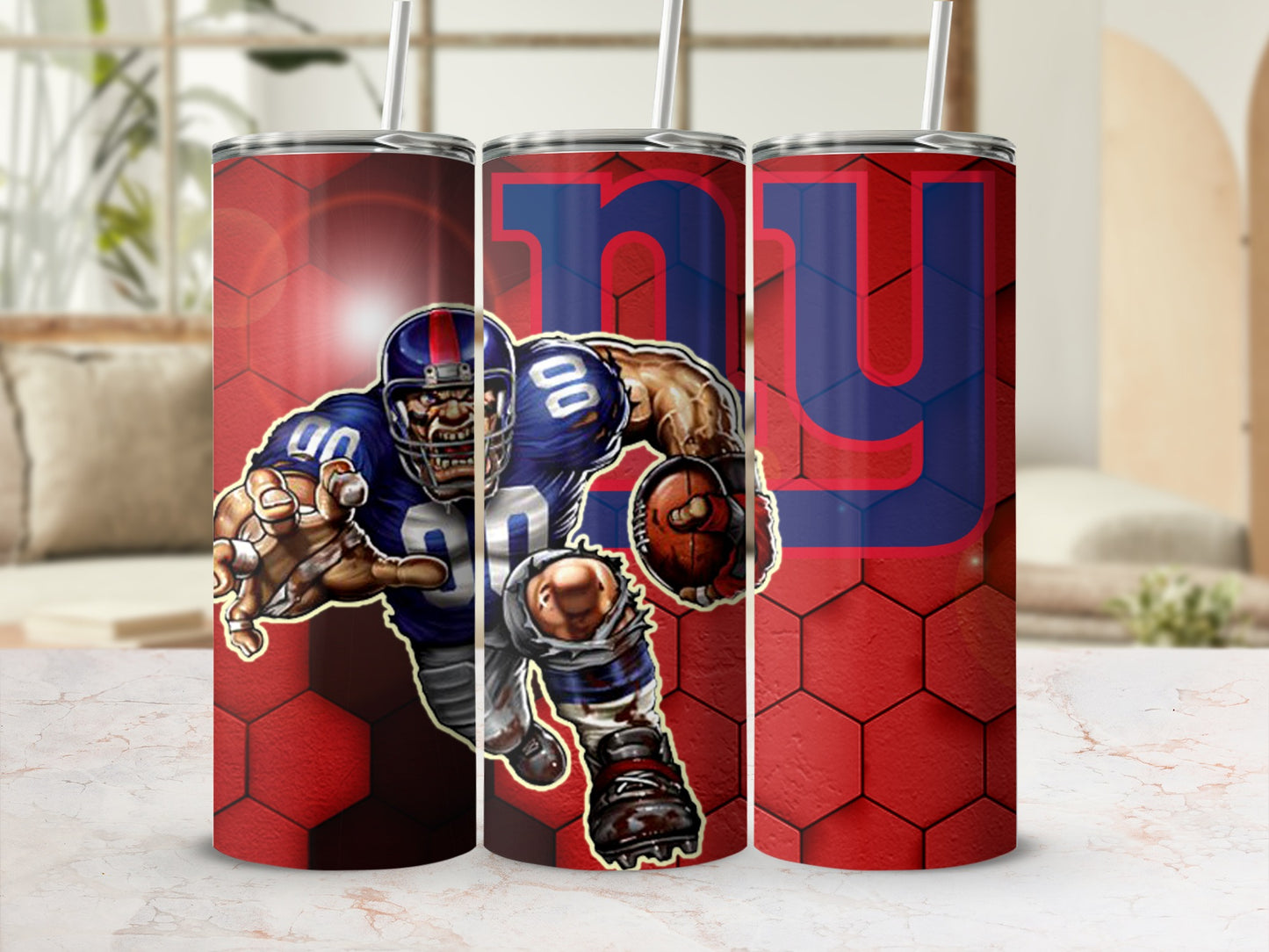 Football Player Graphic on Red Honeycomb Background Tumbler
