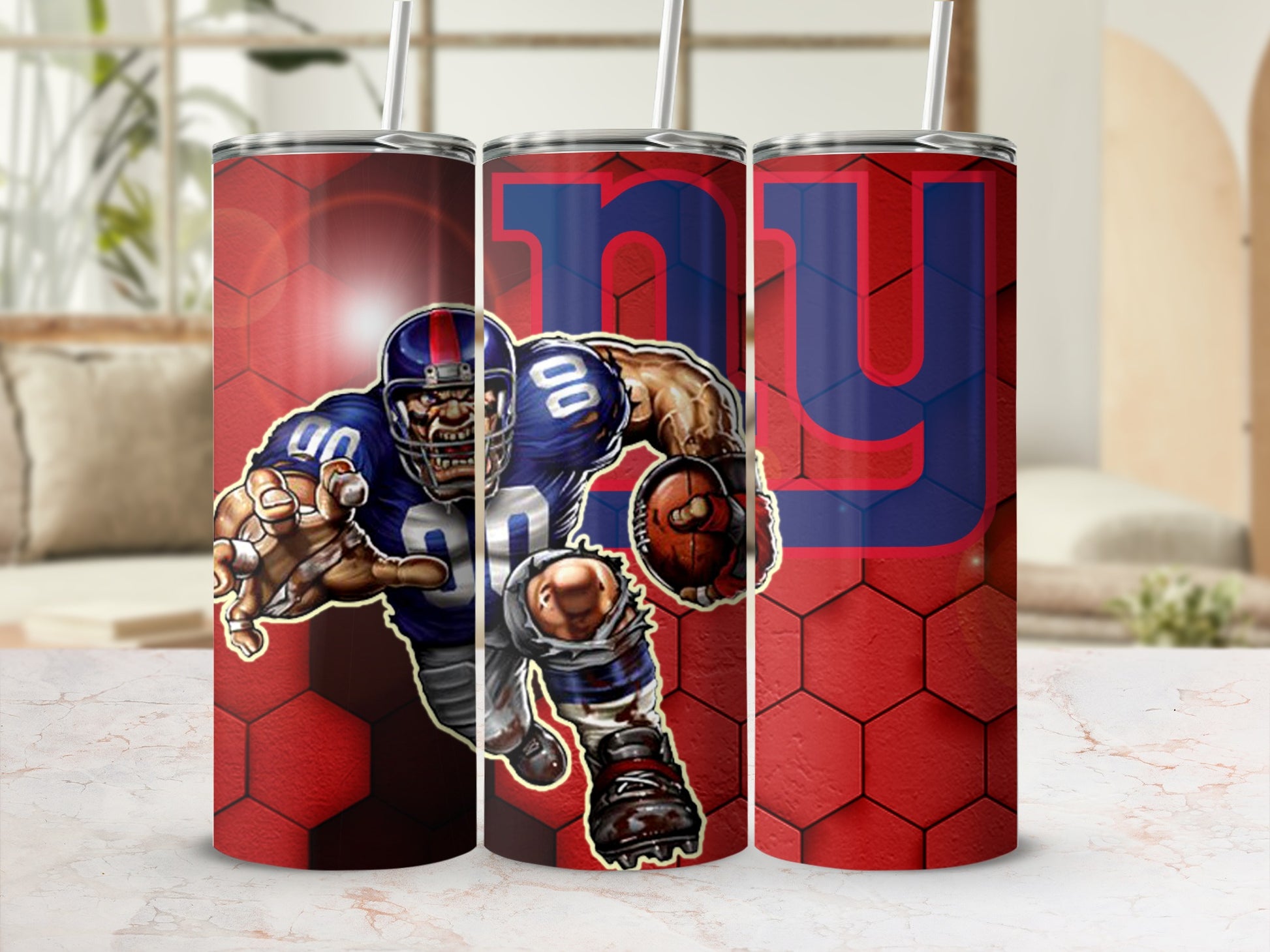 Football Player Graphic on Red Honeycomb Background Tumbler