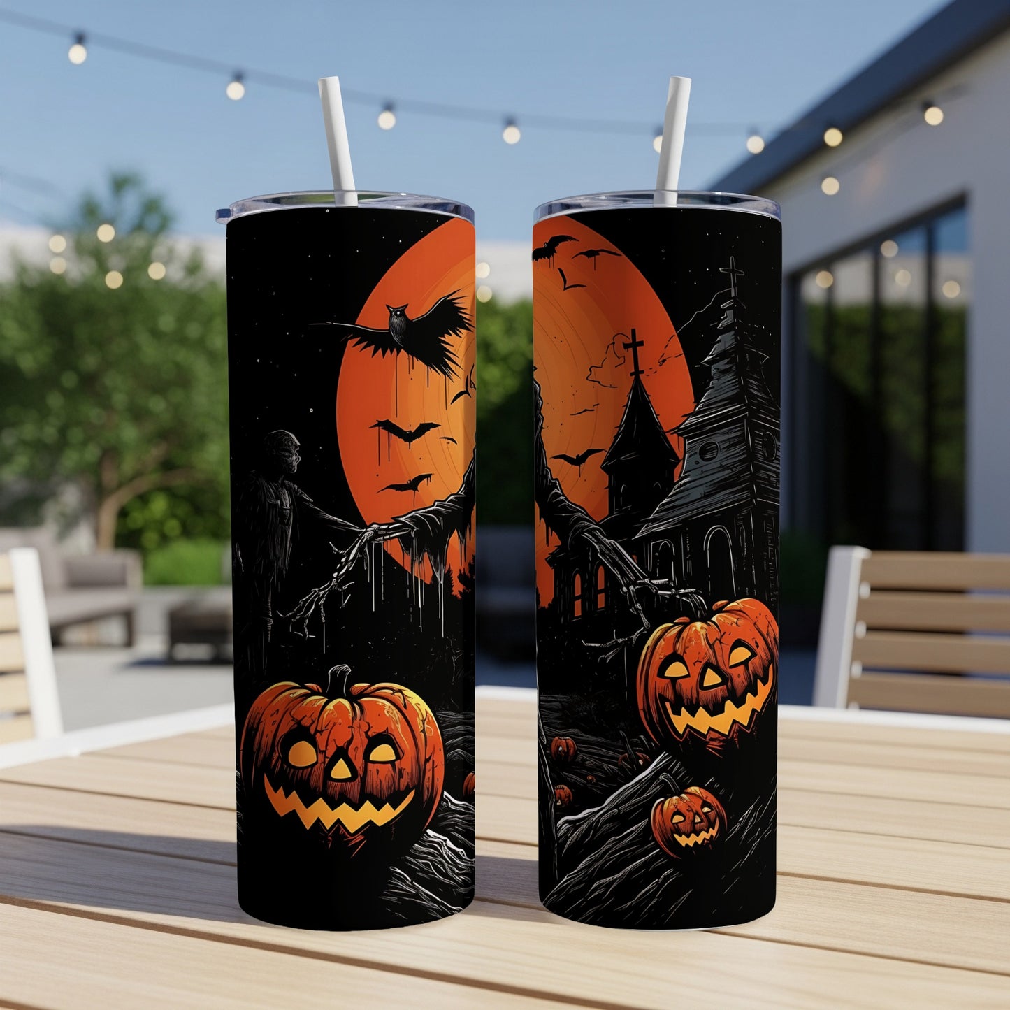 Two tumblers feature a spooky Halloween scene with pumpkins, bats, and a haunted house.