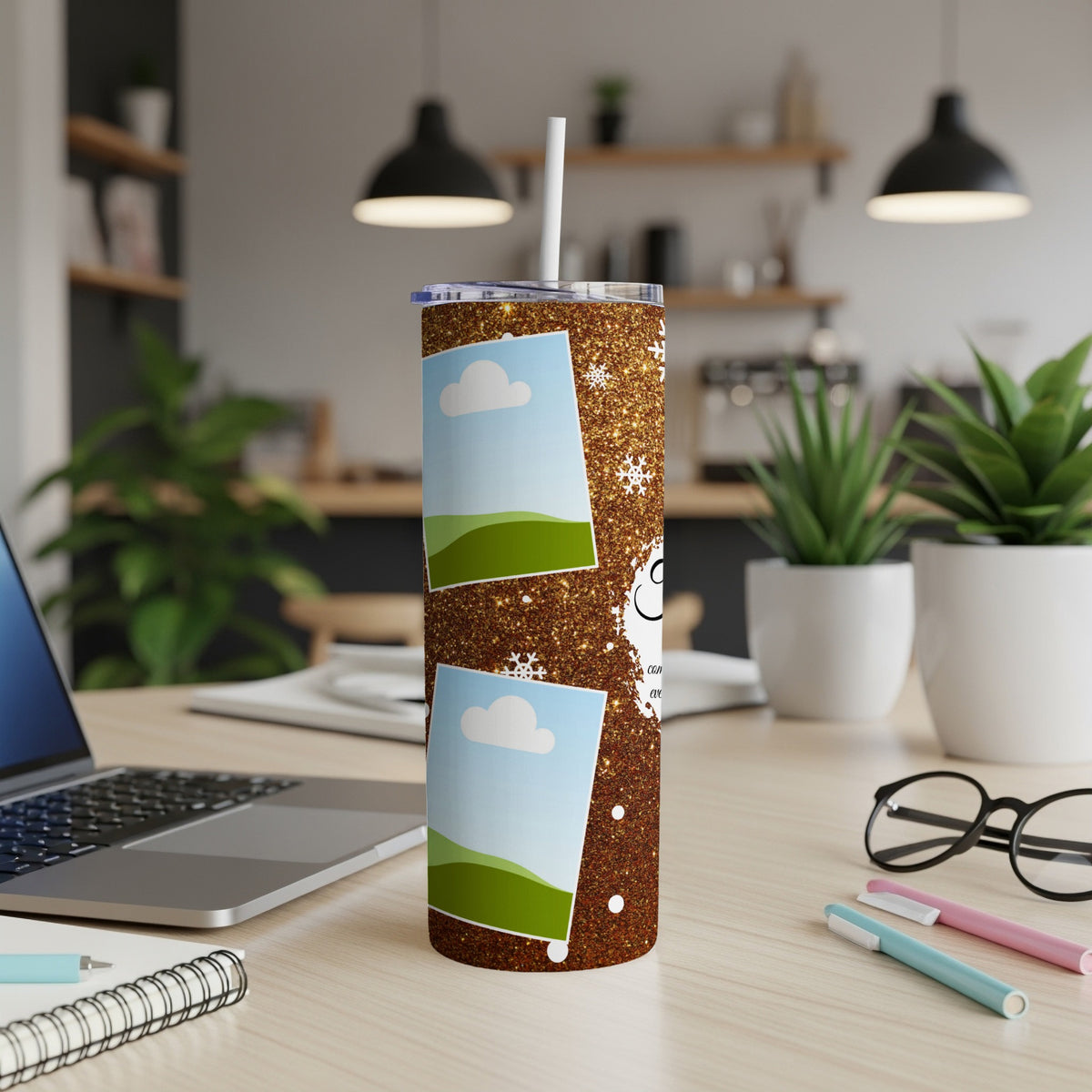 Glittery brown tumbler with photo frames, snowflakes, and white design elements.