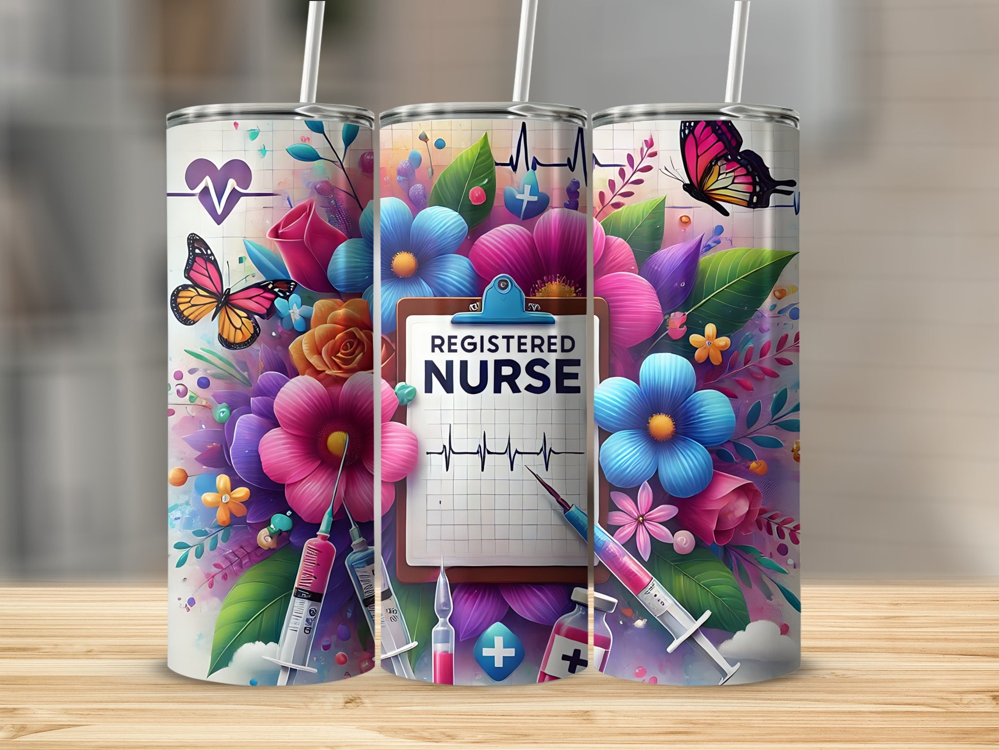 Tumbler with registered nurse text surrounded by colorful flowers, butterflies, and syringes.