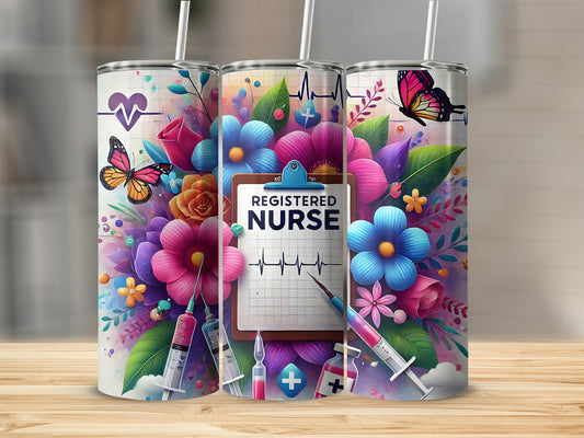 Tumbler with registered nurse text surrounded by colorful flowers, butterflies, and syringes.