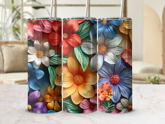 Floral tumbler cups with colorful blooms in a repeating pattern.
