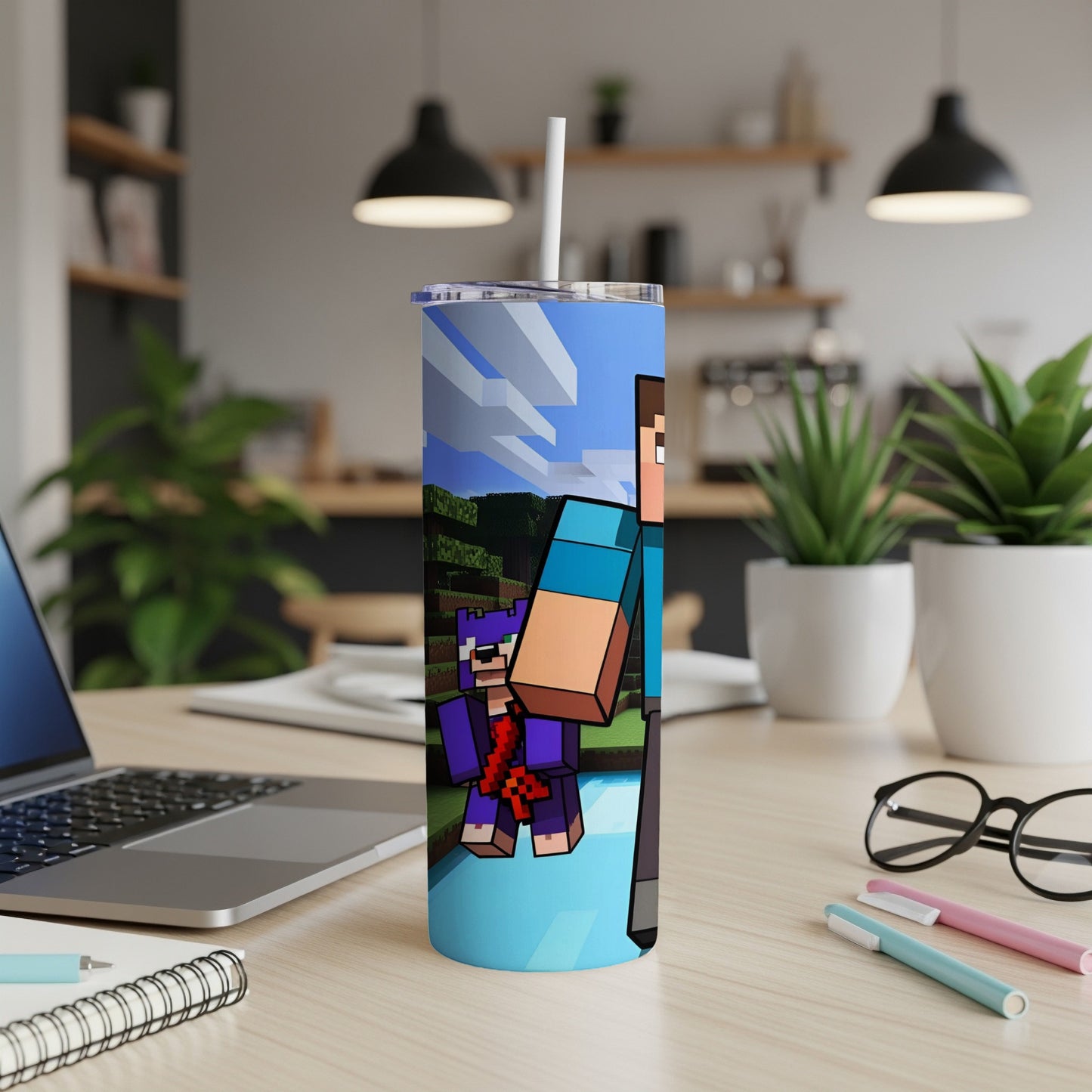 Minecraft characters holding a purple stuffed creature on a blue and green tumbler.