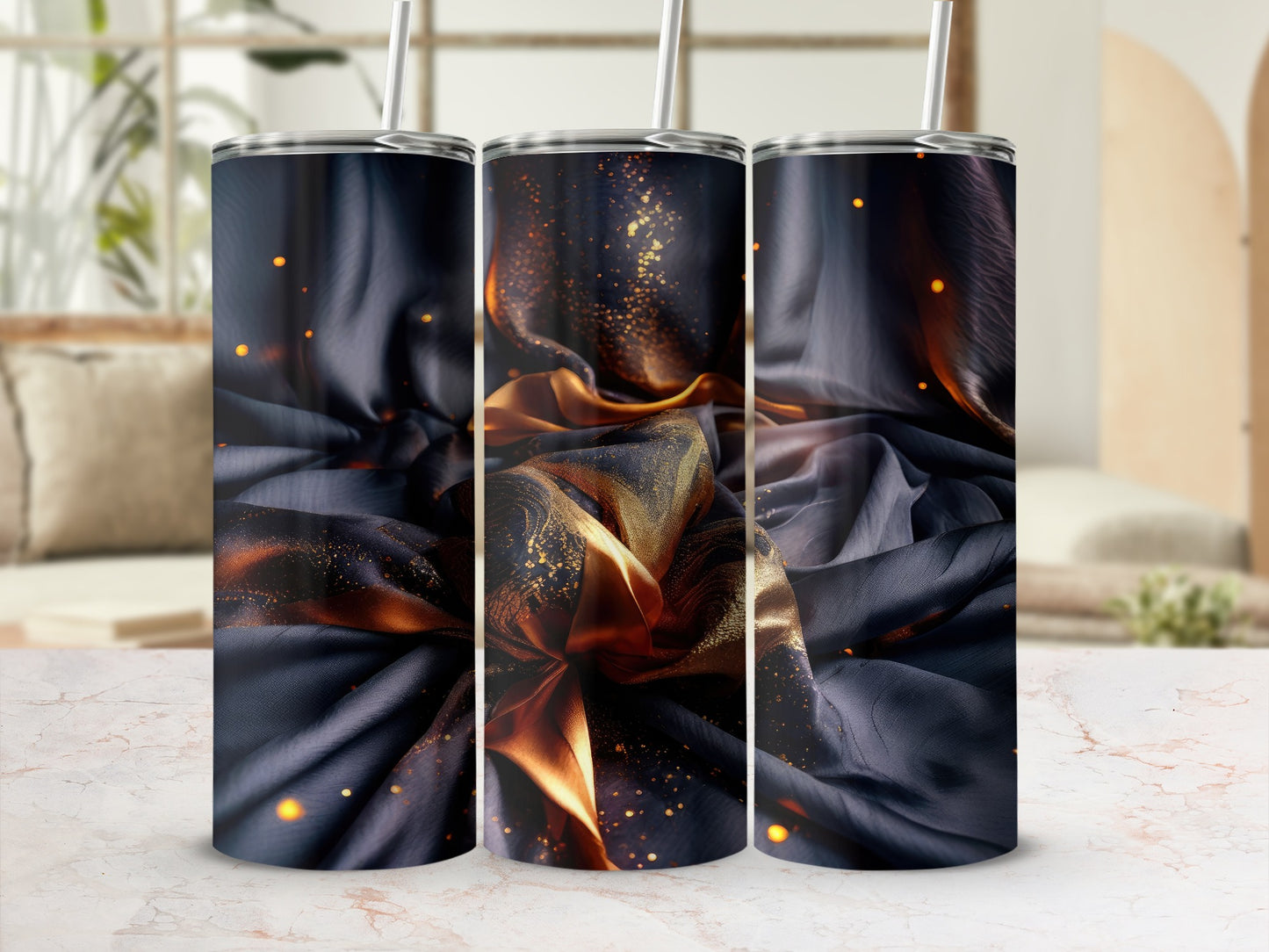 Three tumblers with abstract dark blue and gold fiery fabric design.