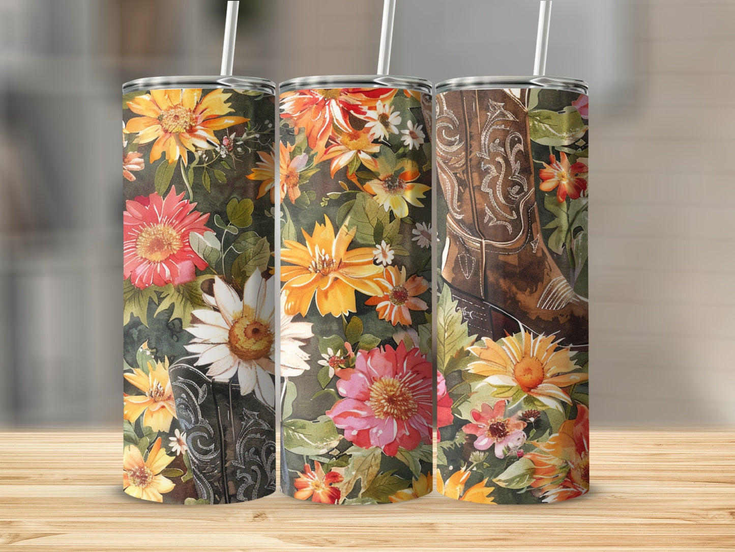 Three floral pattern tumblers with cowboy boot accents on a wooden surface.