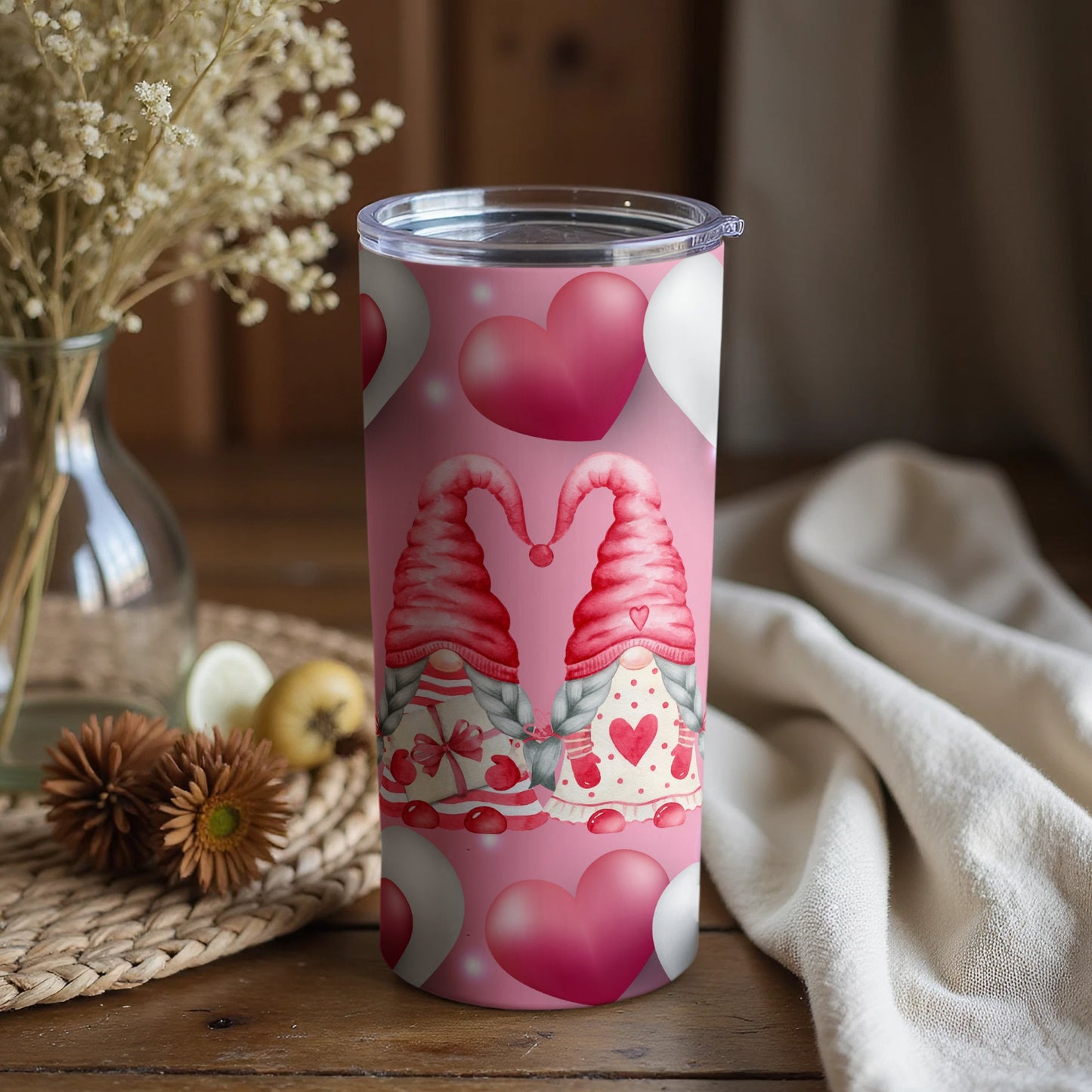 Pink Gnomes with Hearts Valentine's Day Tumbler