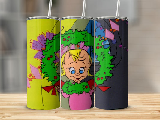 Three Grinch-themed tumblers featuring Cindy Lou Who in a wreath and festive lights.