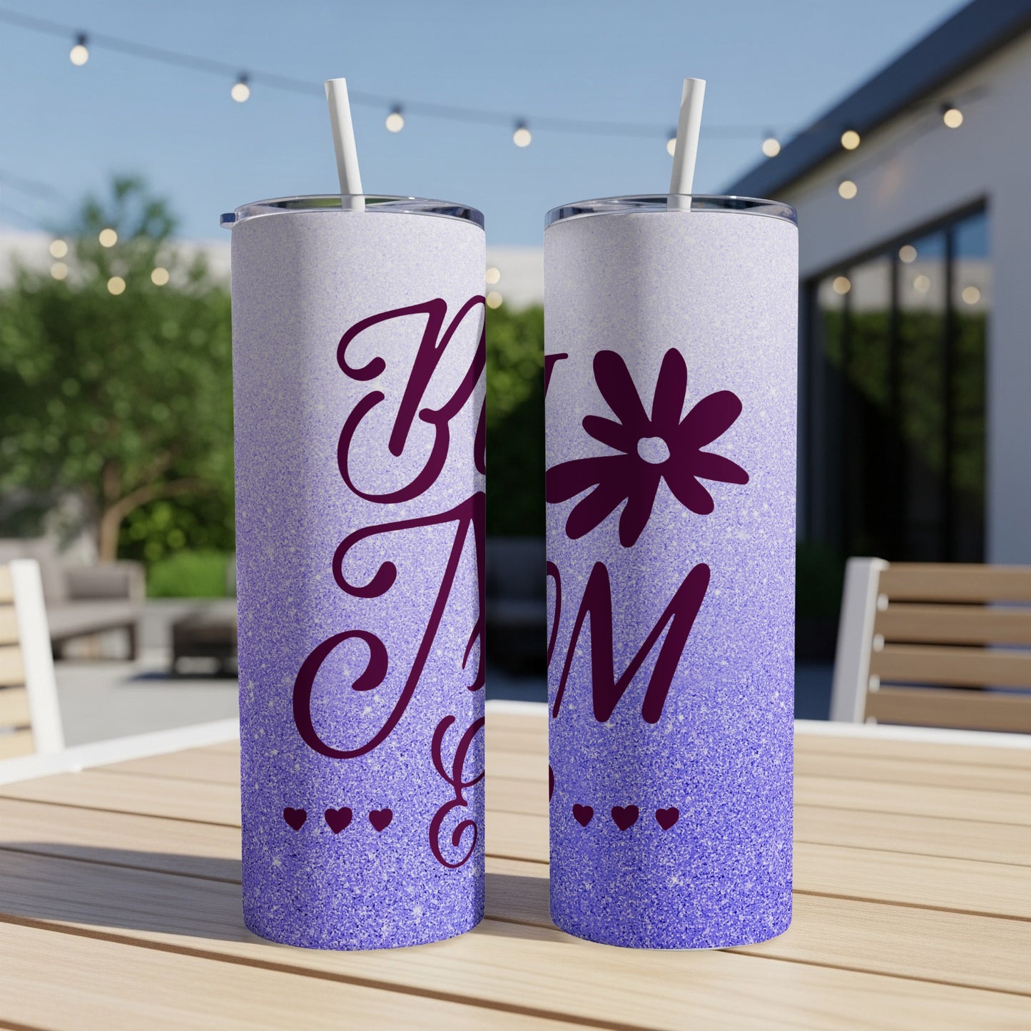 Glittery purple tumbler with "Best Mom" text and heart accents.