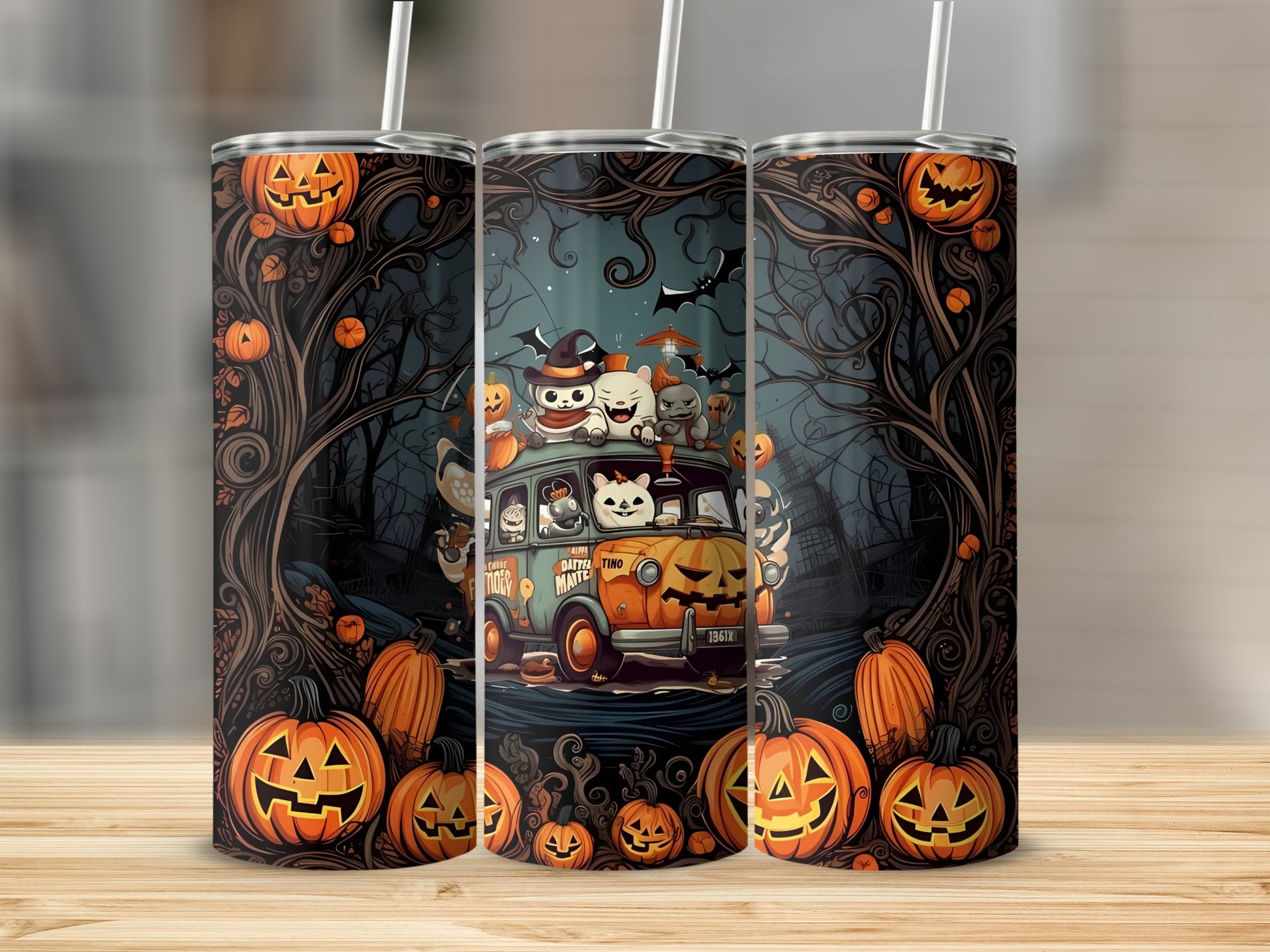 Halloween tumblers with pumpkins and cute characters in a van.
