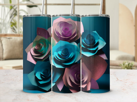Three tumblers featuring teal and pink paper flowers.