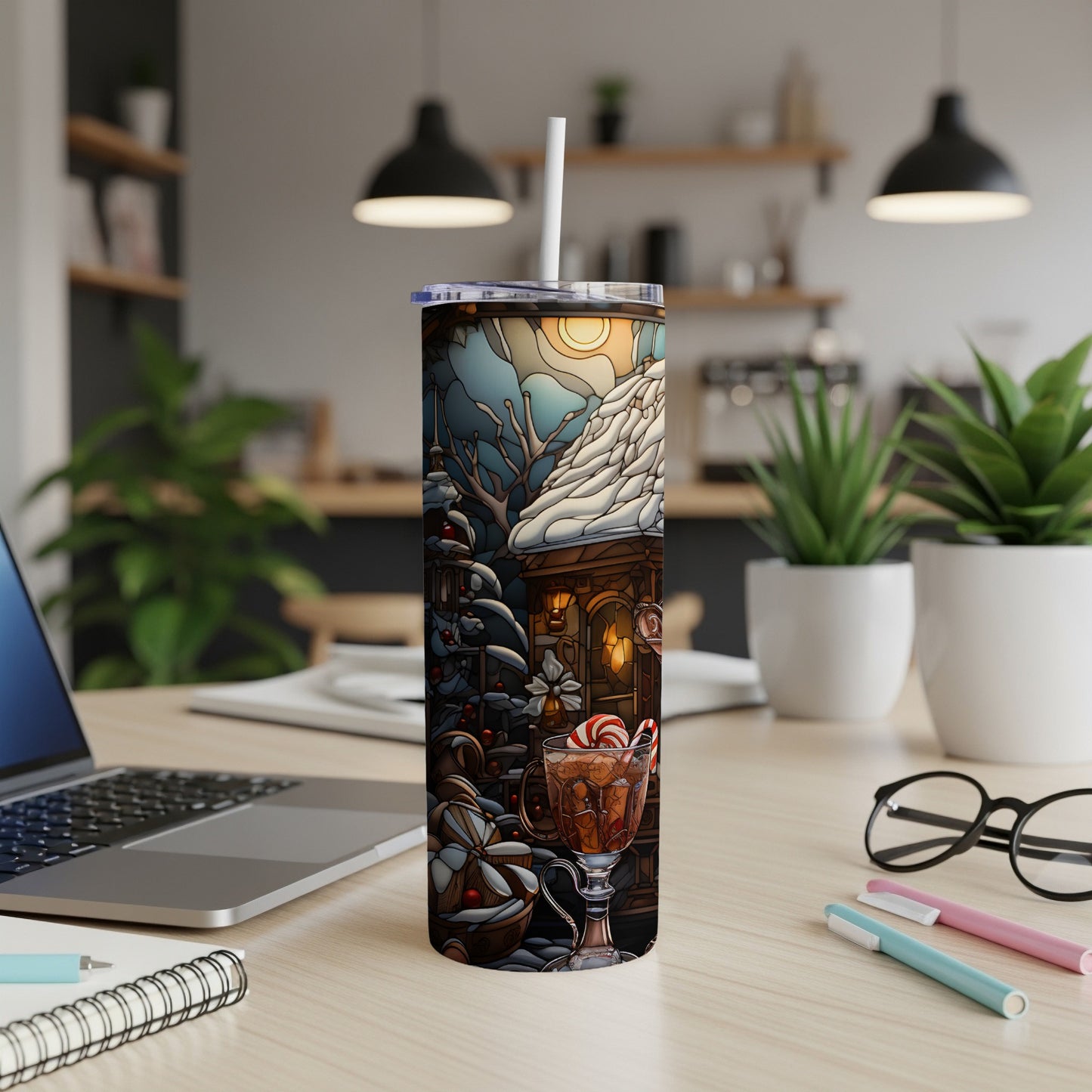 Winter cabin scene with hot cocoa on a tumbler.