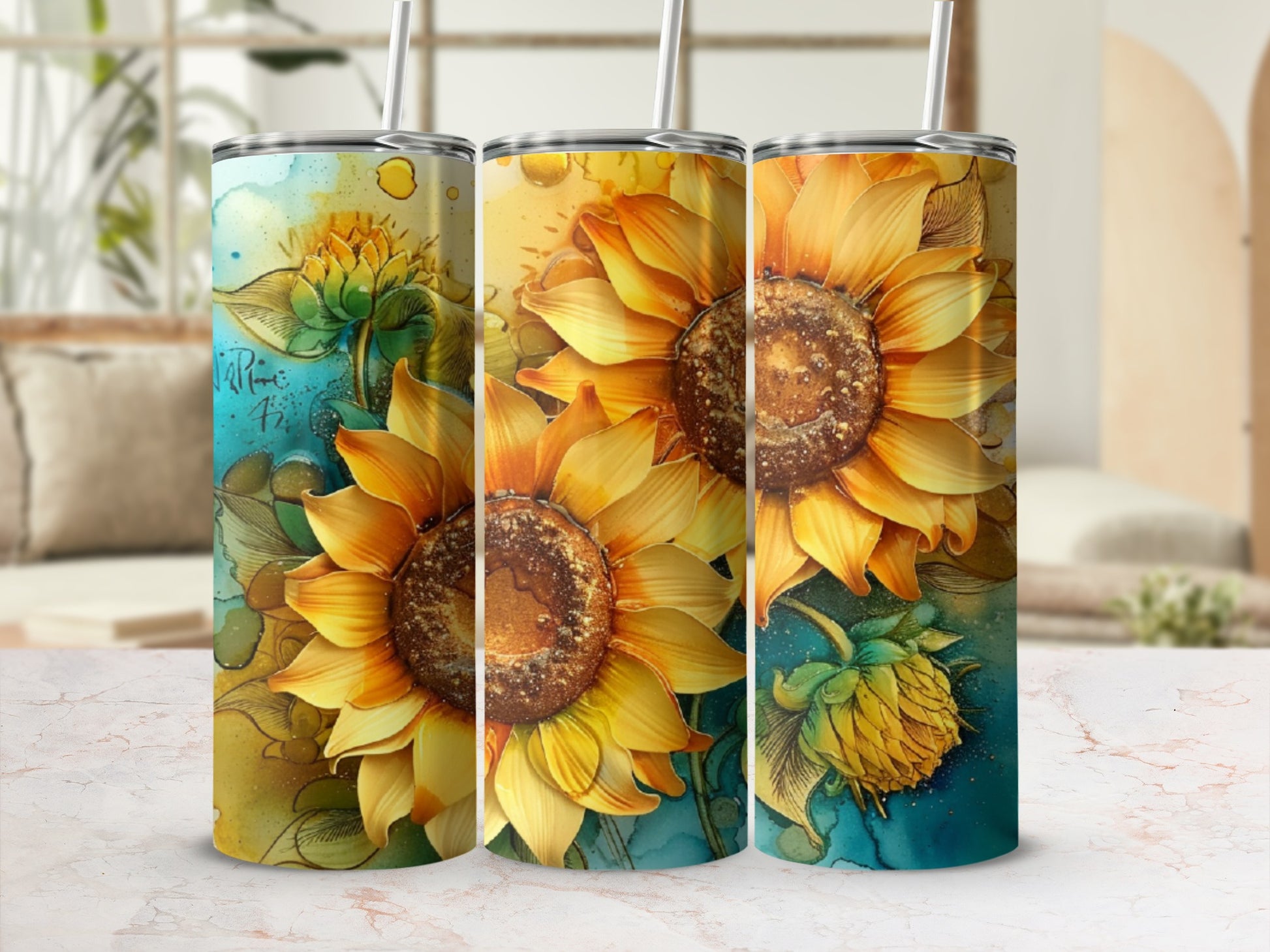 Three tumblers featuring watercolor sunflowers and green leaves.