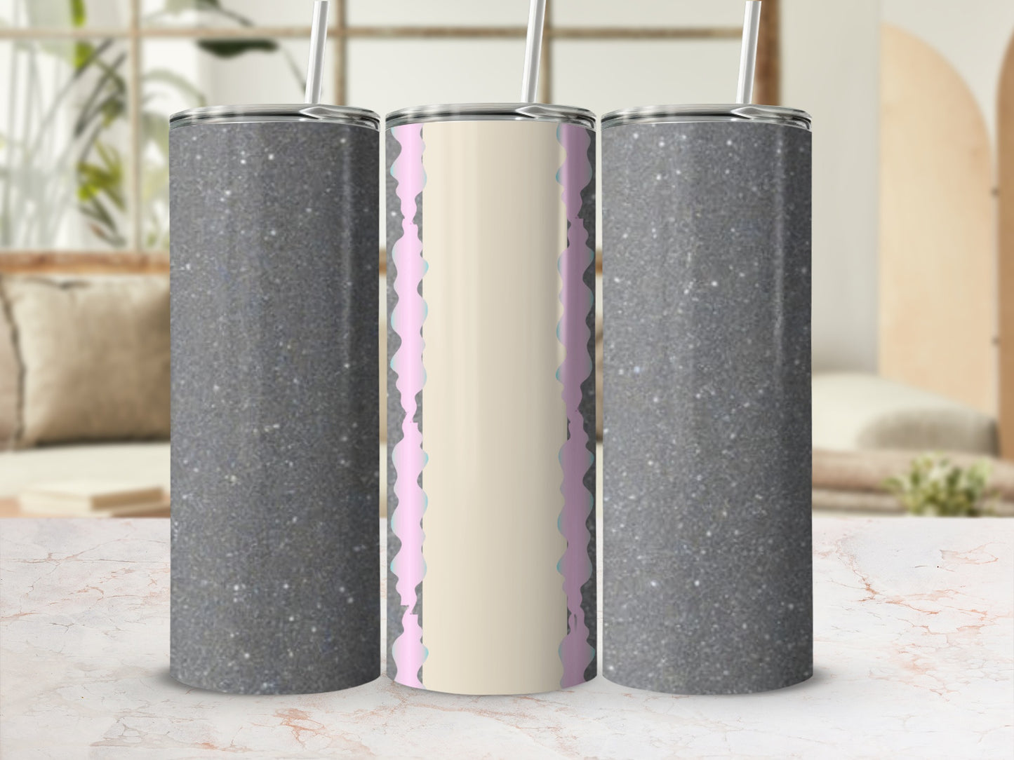 Three glitter tumblers with pink and cream wavy stripes on middle tumbler.