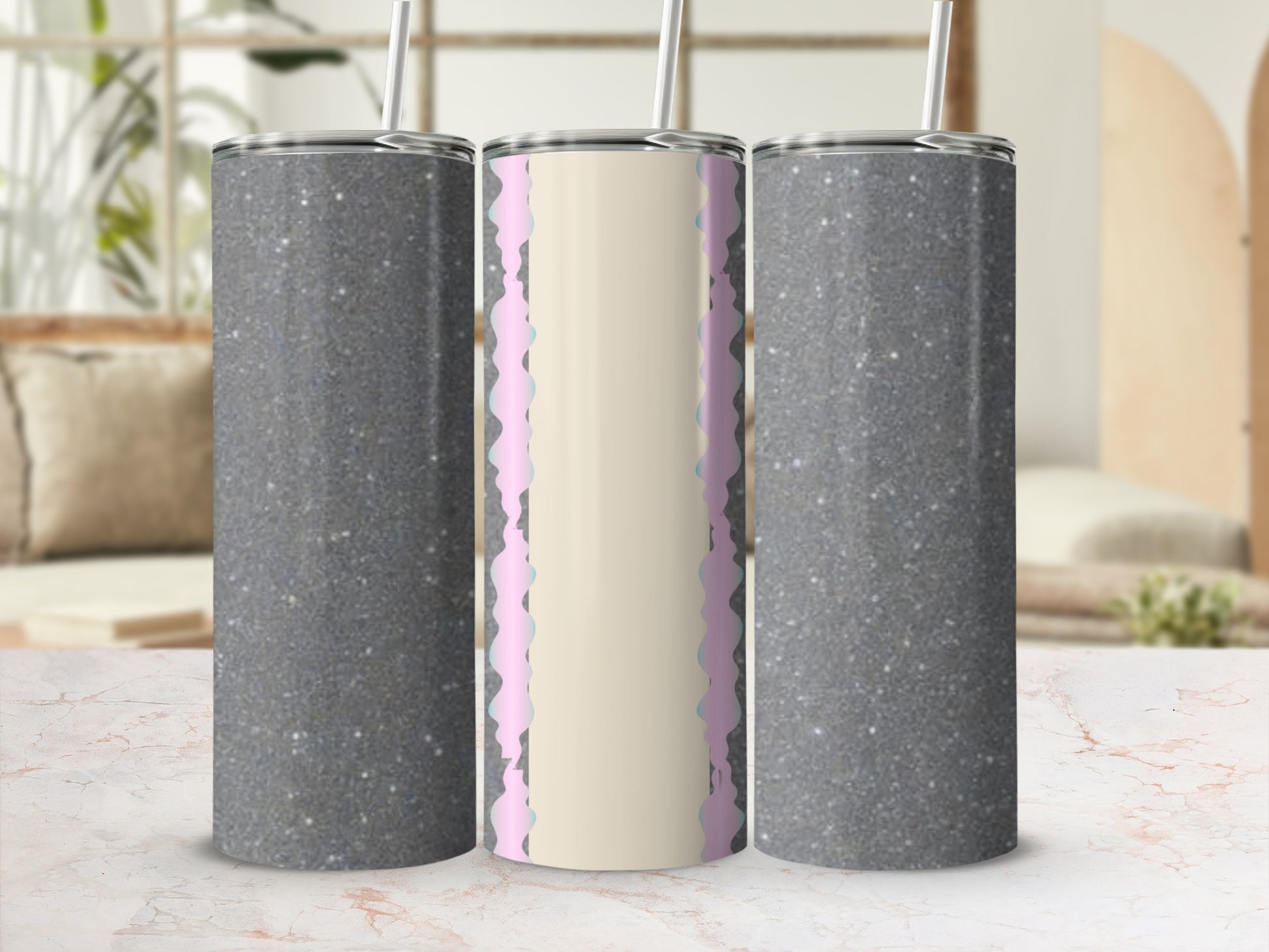 Three glitter tumblers with pink and cream wavy stripes on middle tumbler.