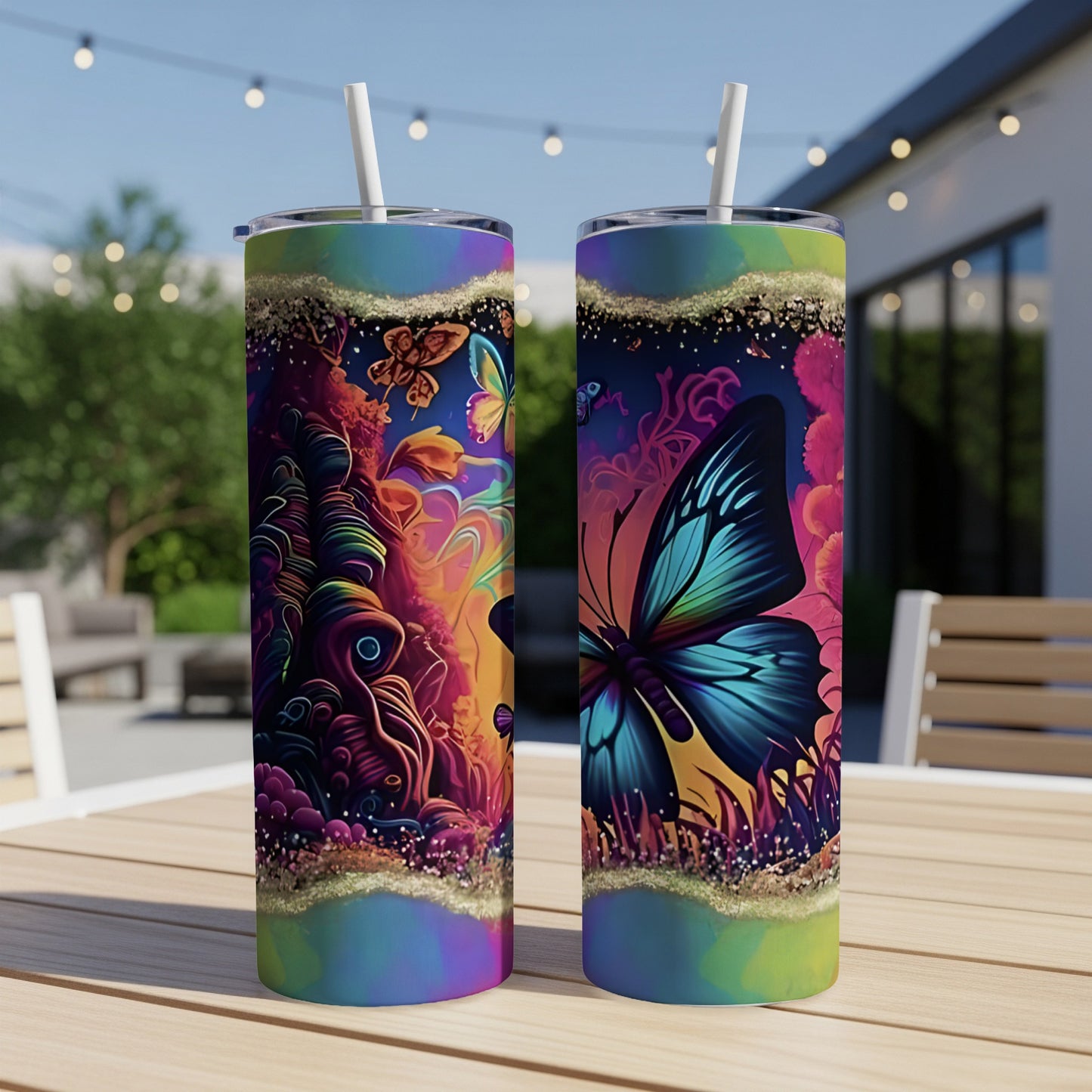 Two tumblers with vibrant butterfly and abstract floral designs, on a wooden table outdoors.