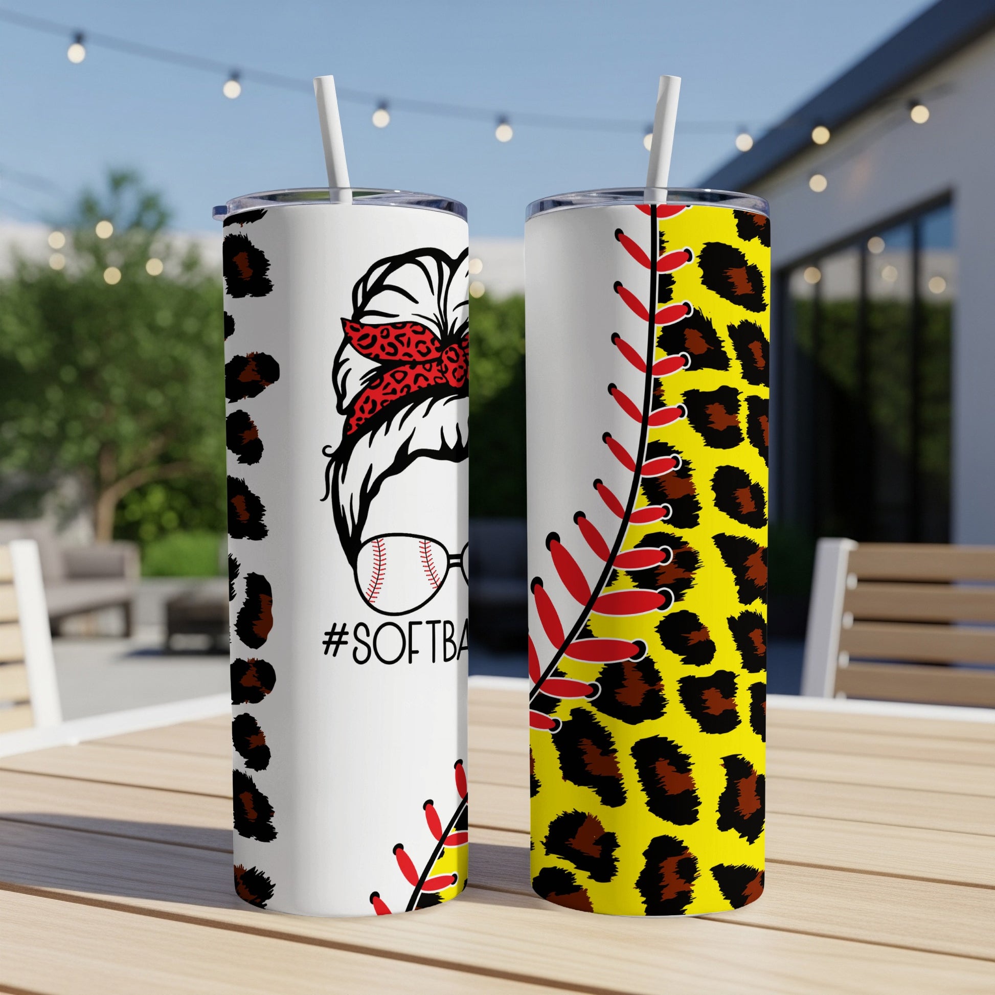 Two white tumblers with #SOFTBALL text and leopard print designs.