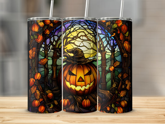 Triptych of tumblers featuring a Halloween pumpkin against a stained-glass-style background.