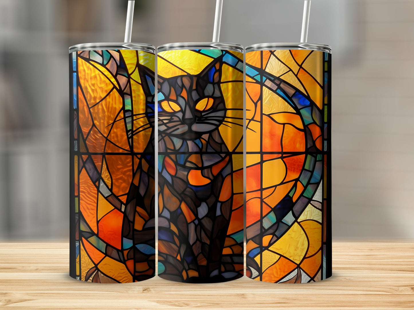 Black cat in stained glass pattern on a tumbler.