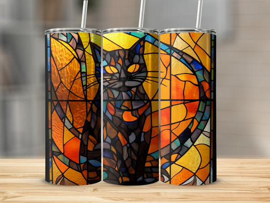 Black cat in stained glass pattern on a tumbler.