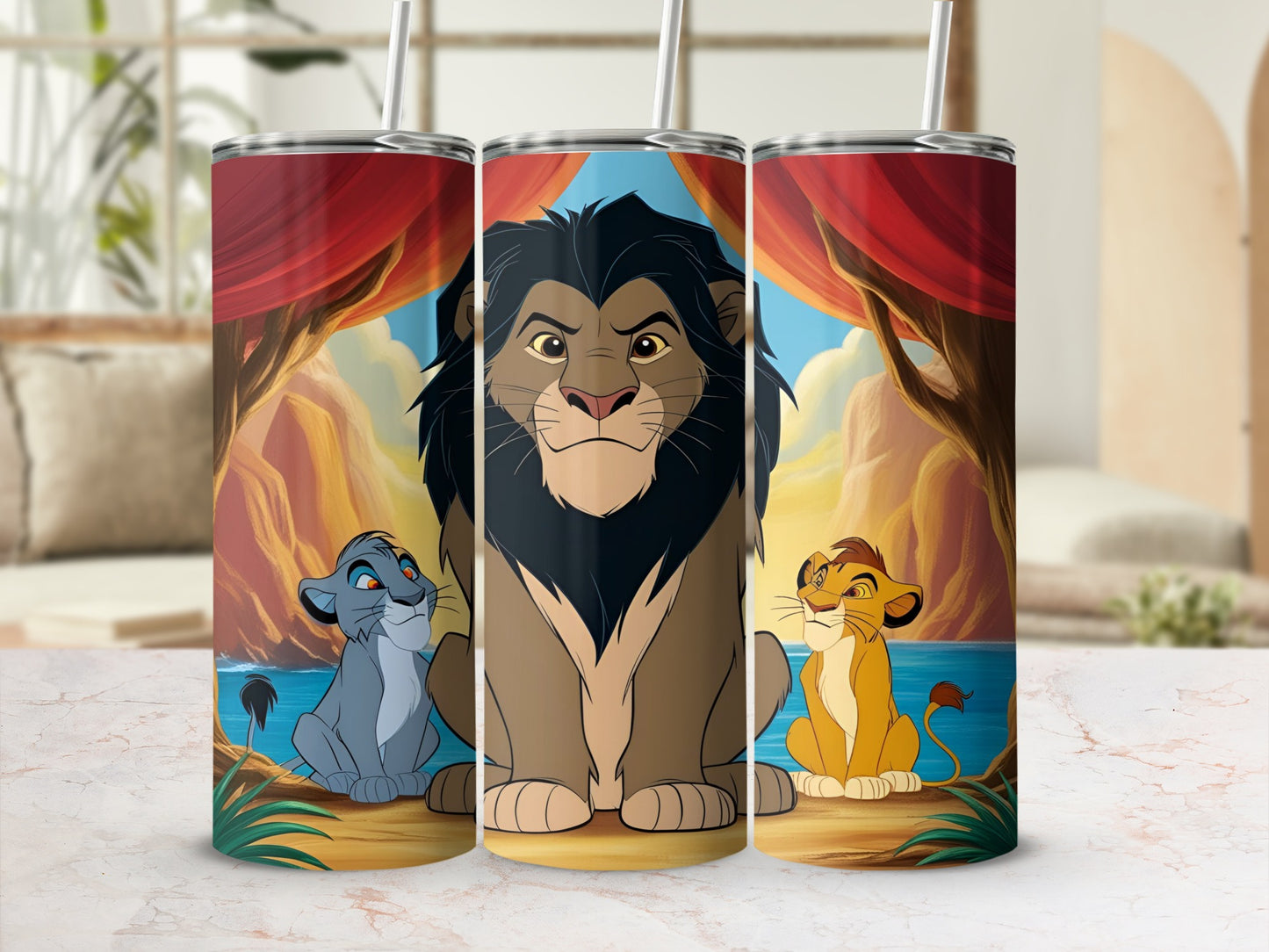 The Lion King characters Simba, Mufasa, and Scar in a jungle setting.