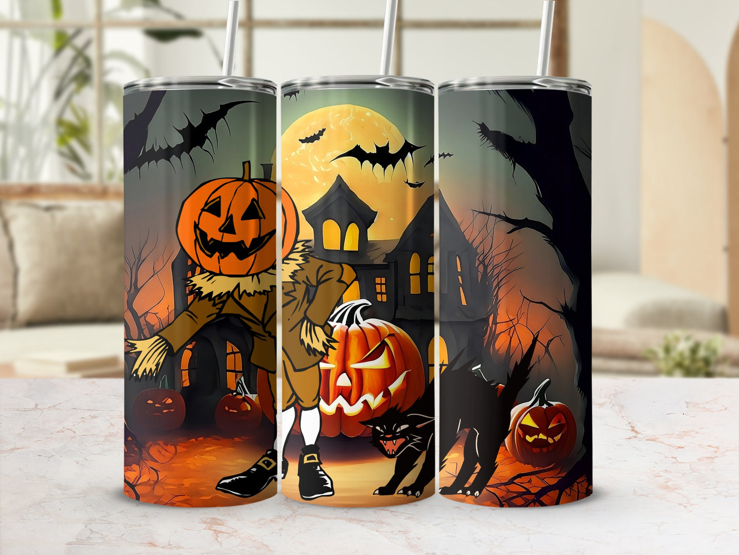 Halloween tumblers with scarecrow, pumpkins, black cat, bats, and haunted house designs.