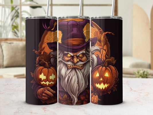 Three tumblers display a Halloween design featuring a grumpy wizard with pumpkins and autumn leaves.