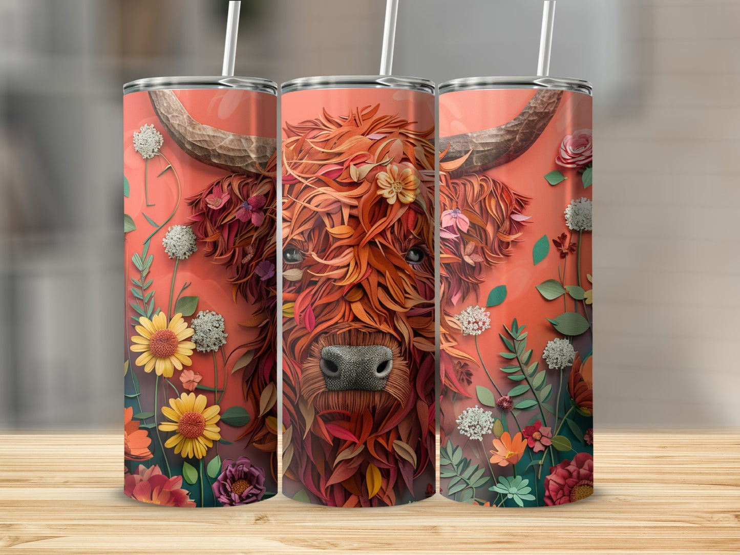 Highland cow with floral mane and horns, on a tumbler.