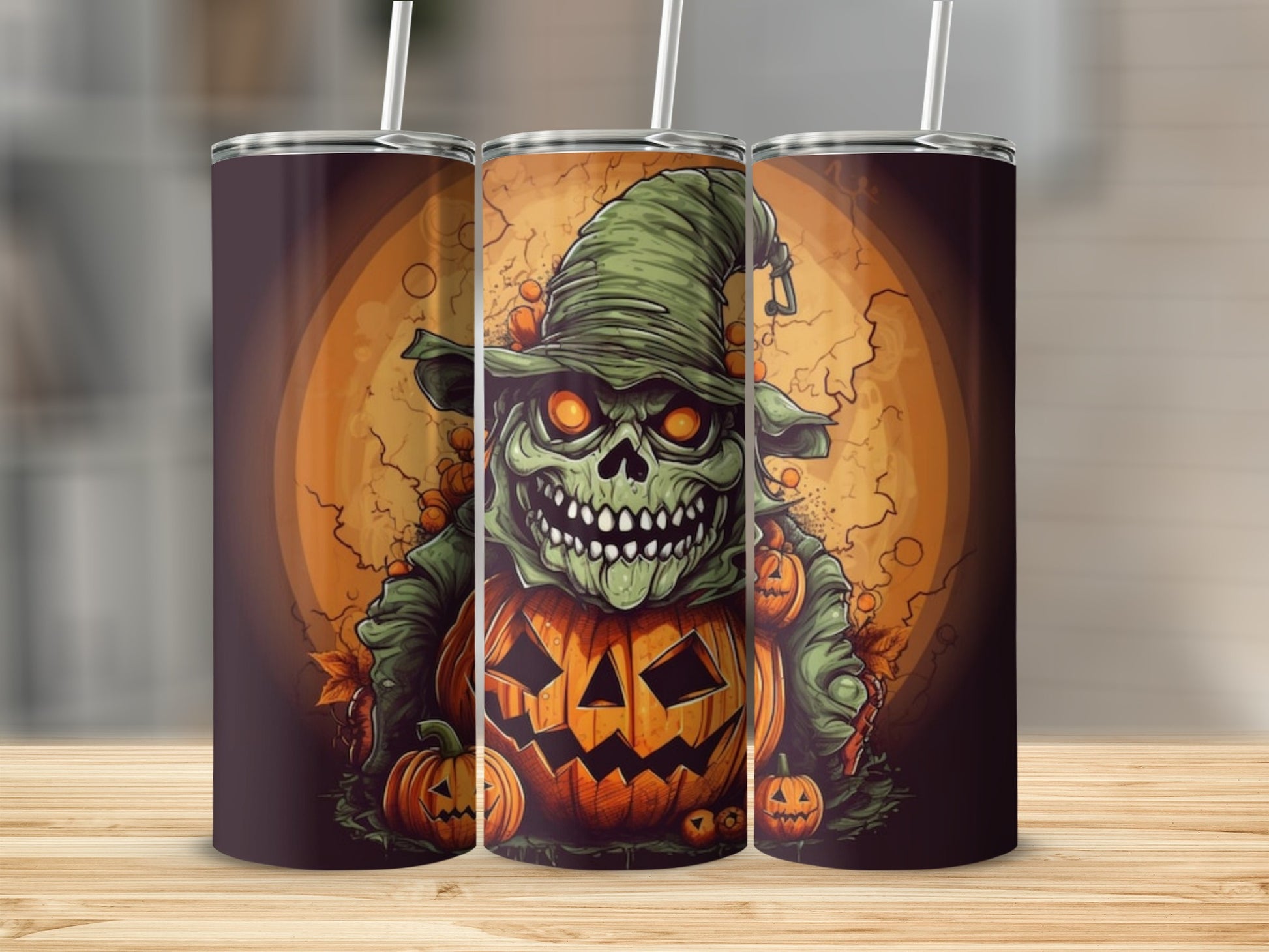 Three tumblers feature a green goblin-like creature wearing a witch hat and a pumpkin body.