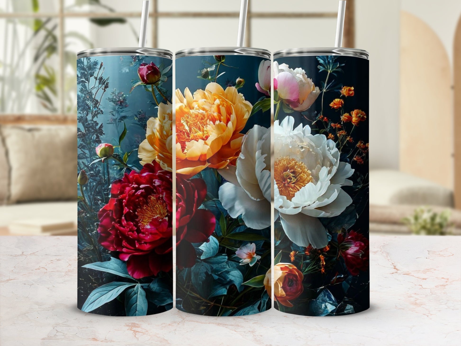 Three tumblers with painterly floral designs: red rose, yellow peony, and white peony.