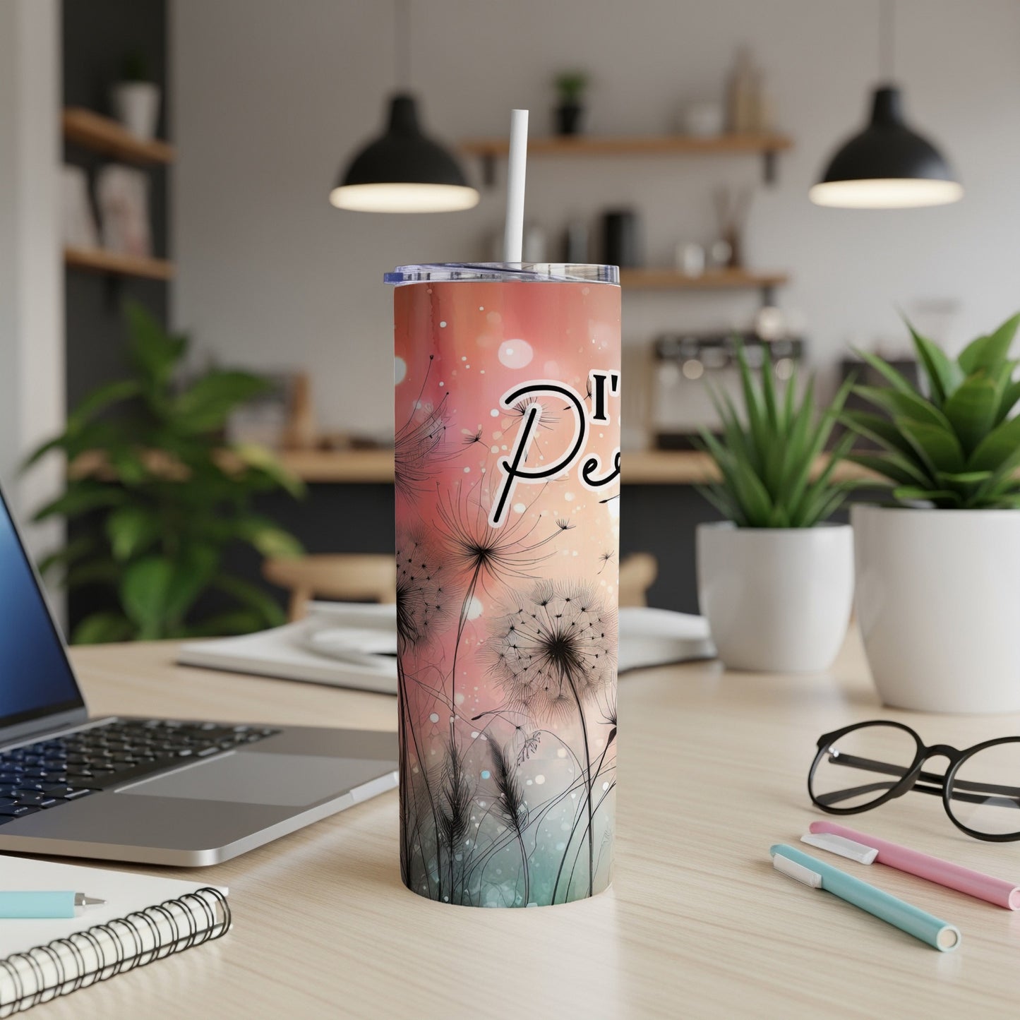 Pink and orange dandelion design tumbler with "Peace" text.