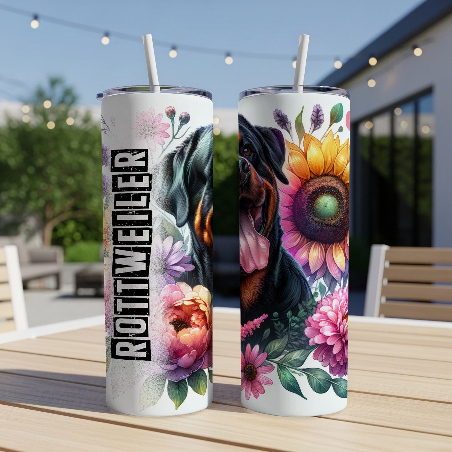 Rottweiler portrait with sunflowers and floral accents on a tumbler.
