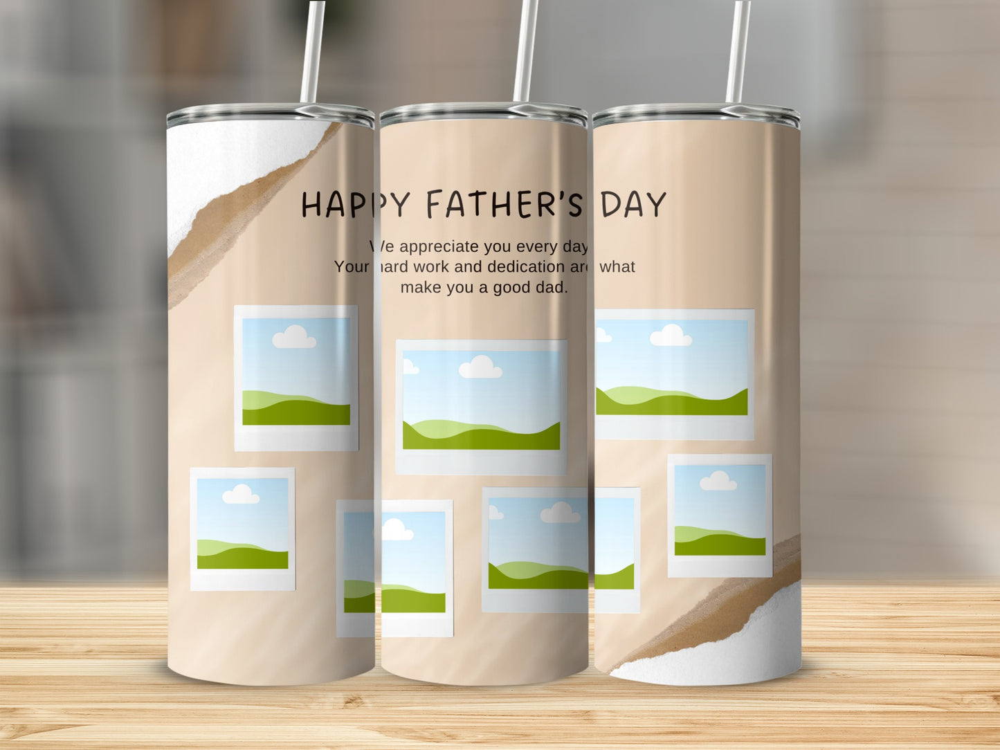 Tumblers with "Happy Father's Day" message and photo placeholders.