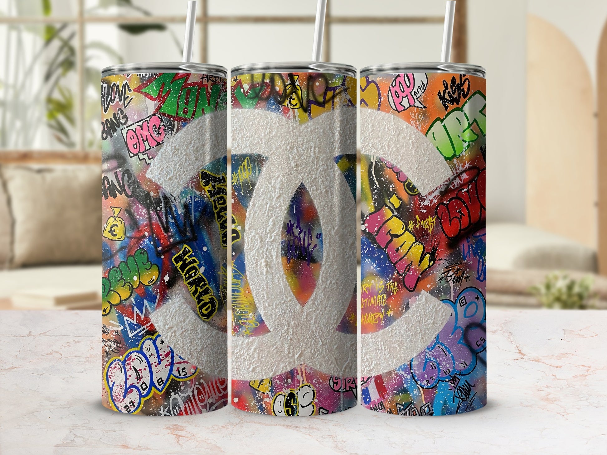 Colorful Graffiti Tumbler With Large Brand Logo Design