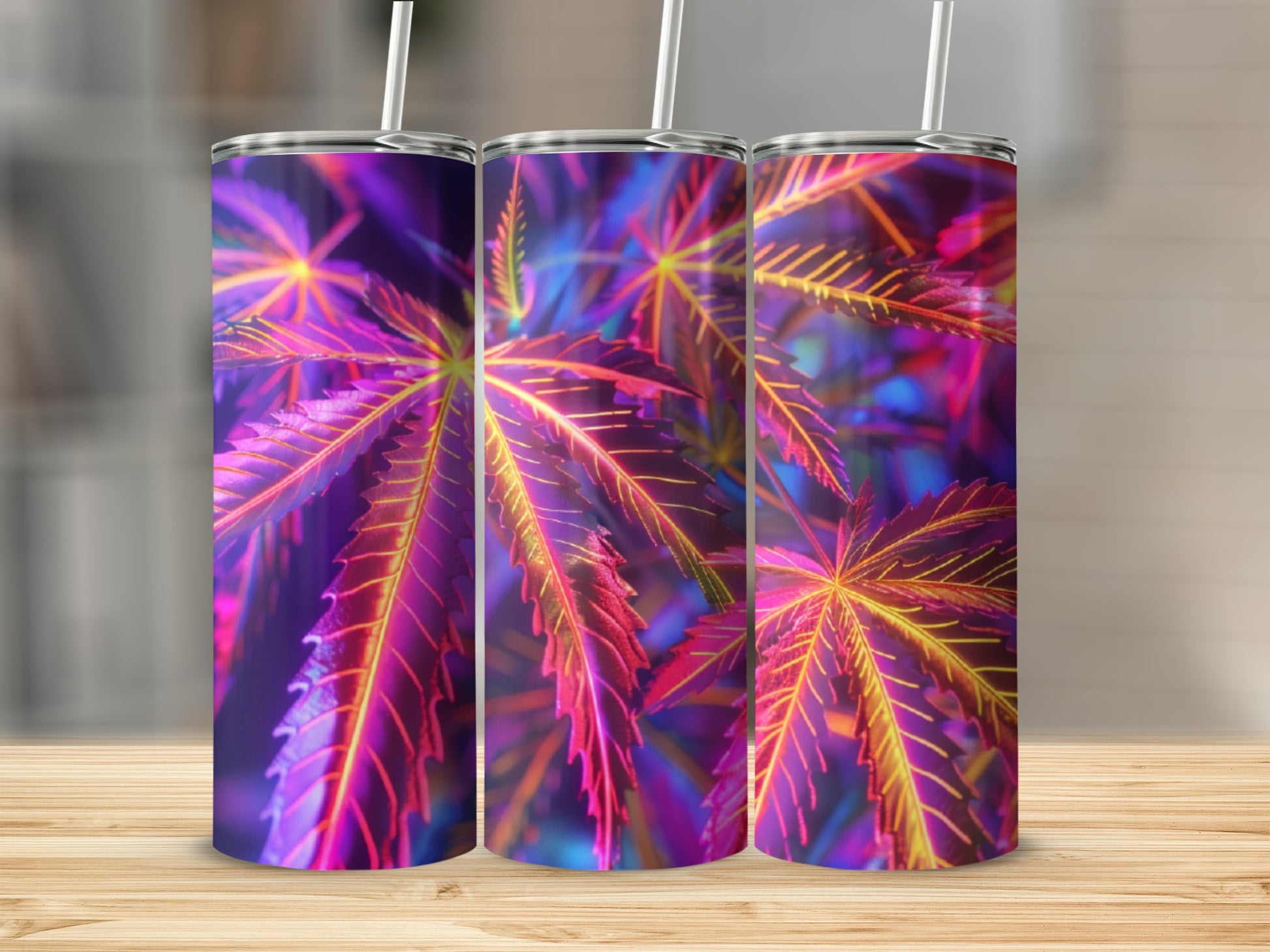 Three tumblers with neon purple and yellow cannabis leaf design.
