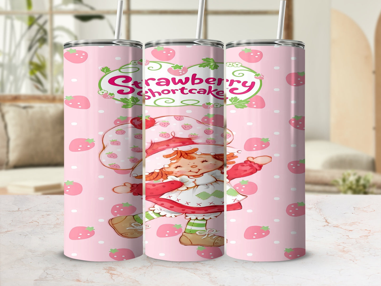 Strawberry Shortcake character on pink background with strawberries.