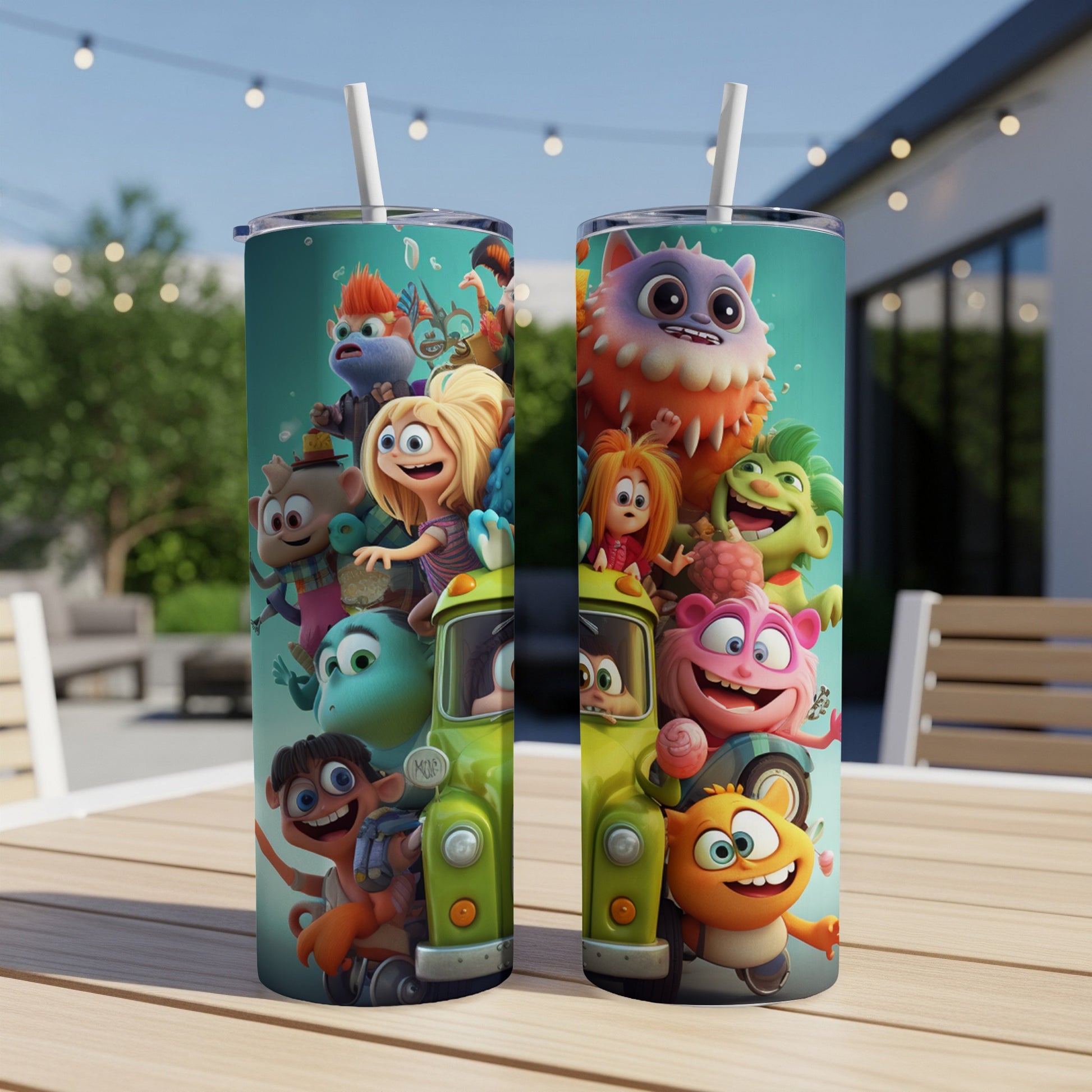 Two tumblers featuring a group of colorful, cartoon monsters in a green vehicle.