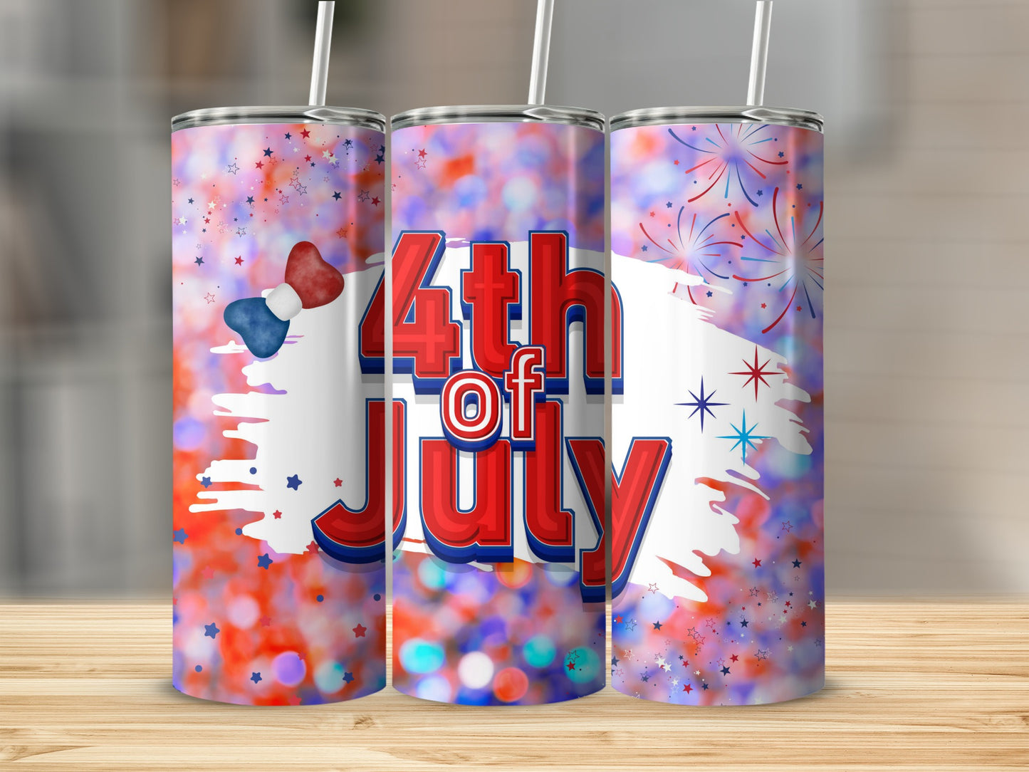 "4th of July" tumbler with fireworks and bokeh lights.