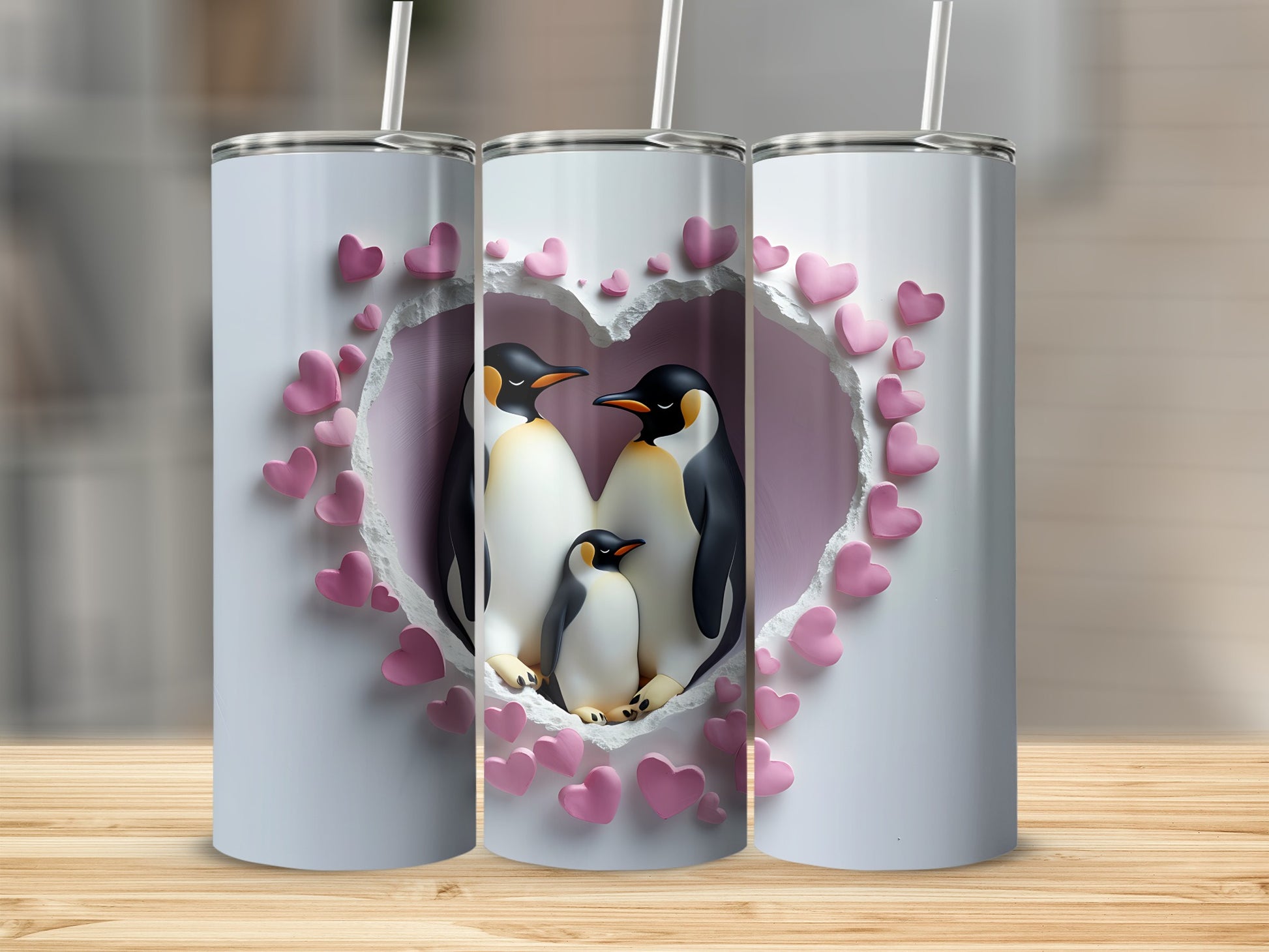 Three white tumblers with a heart-shaped opening revealing a penguin family.