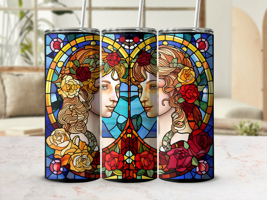 Three tumblers featuring stained glass style Gemini twins with floral accents.