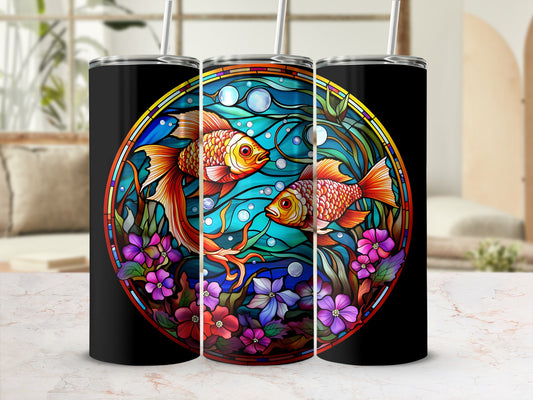 Two colorful fish swim among vibrant flowers and bubbles in a circular design.