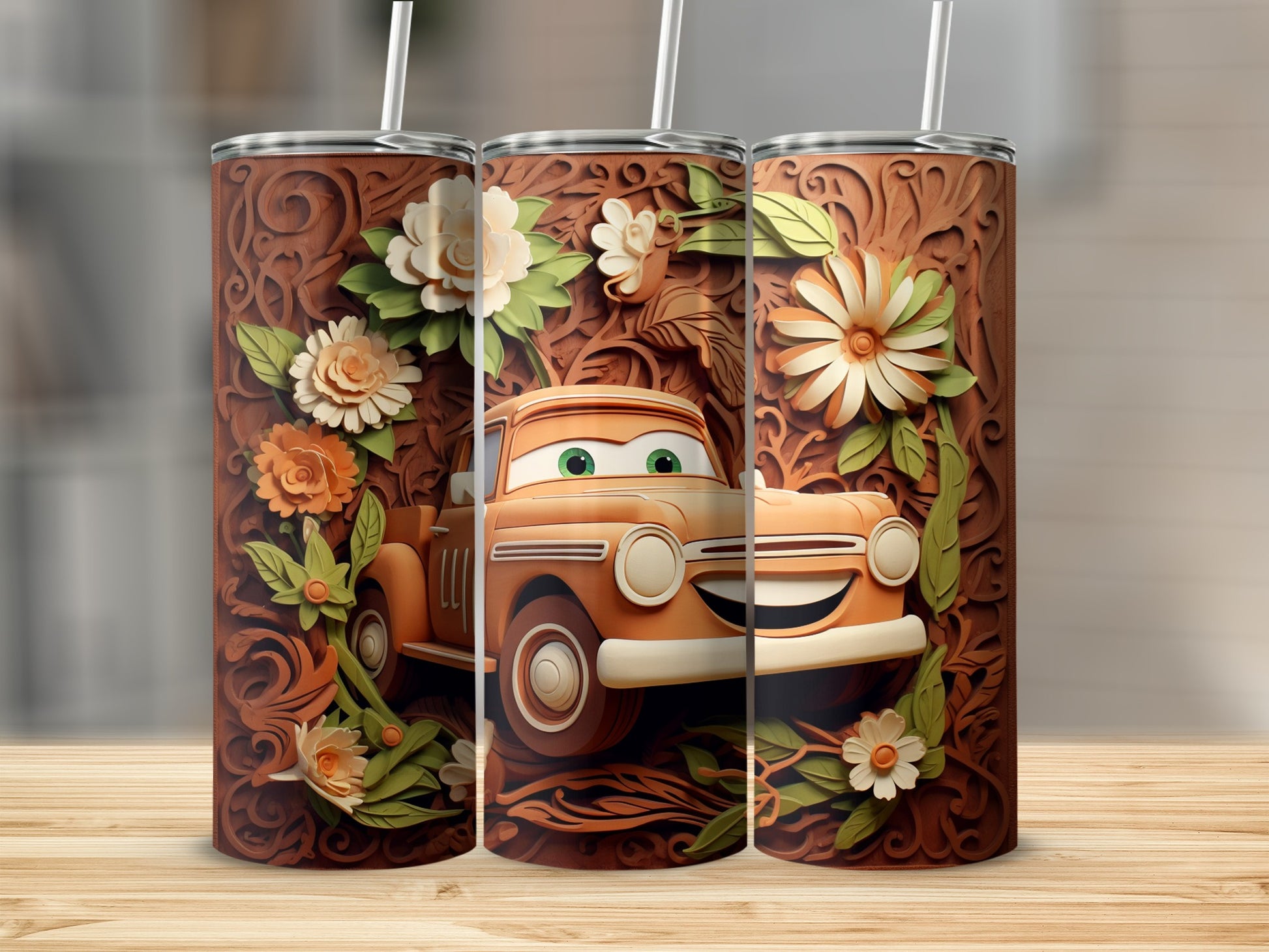 Floral Car Design Tall Tumblers with Straws