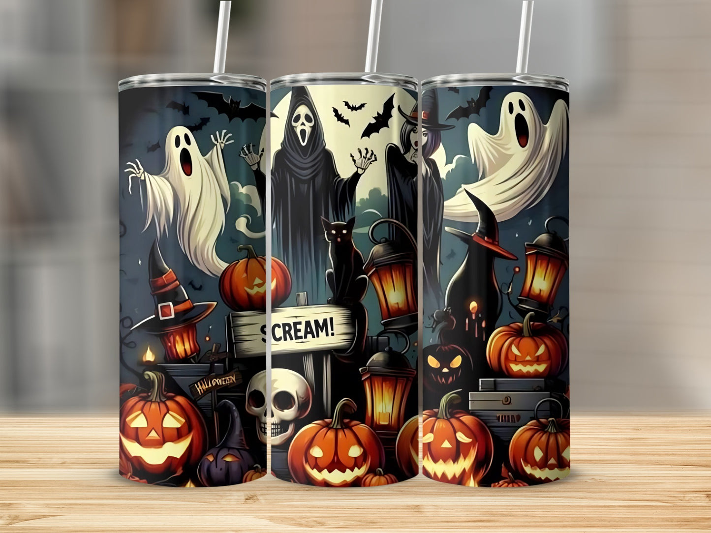 Halloween tumblers with ghosts, witches, bats, pumpkins, and a "Scream!" sign.