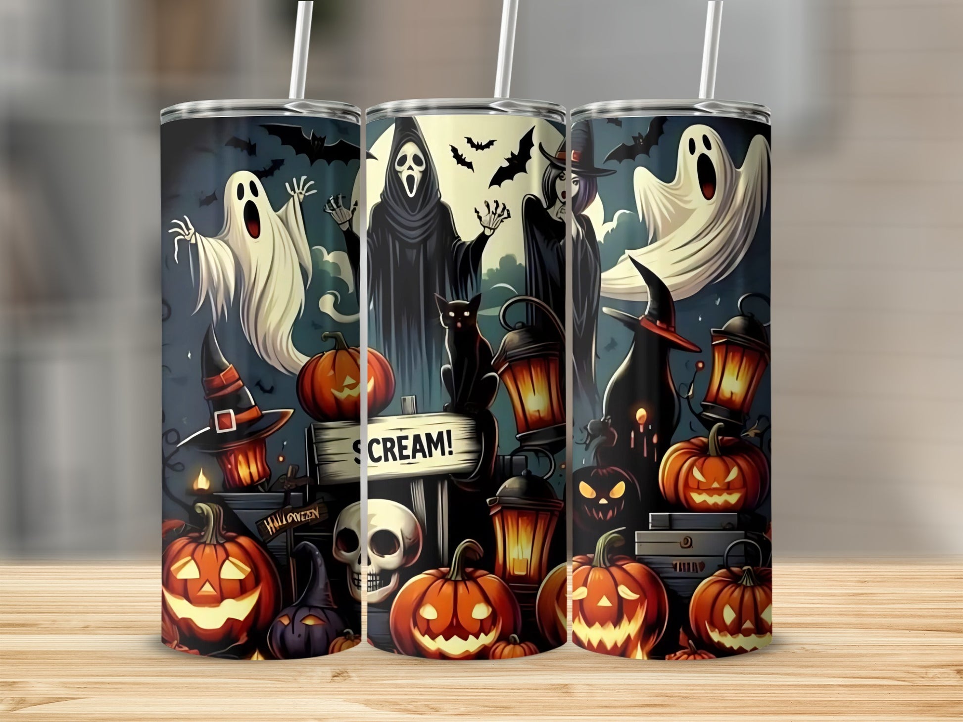 Halloween tumblers with ghosts, witches, bats, pumpkins, and a "Scream!" sign.