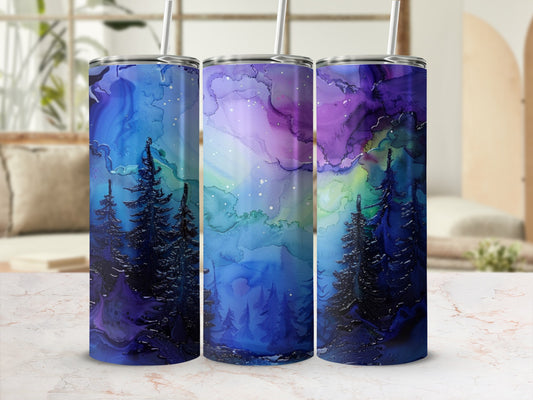 Three tumblers with a starry night forest scene watercolor design.